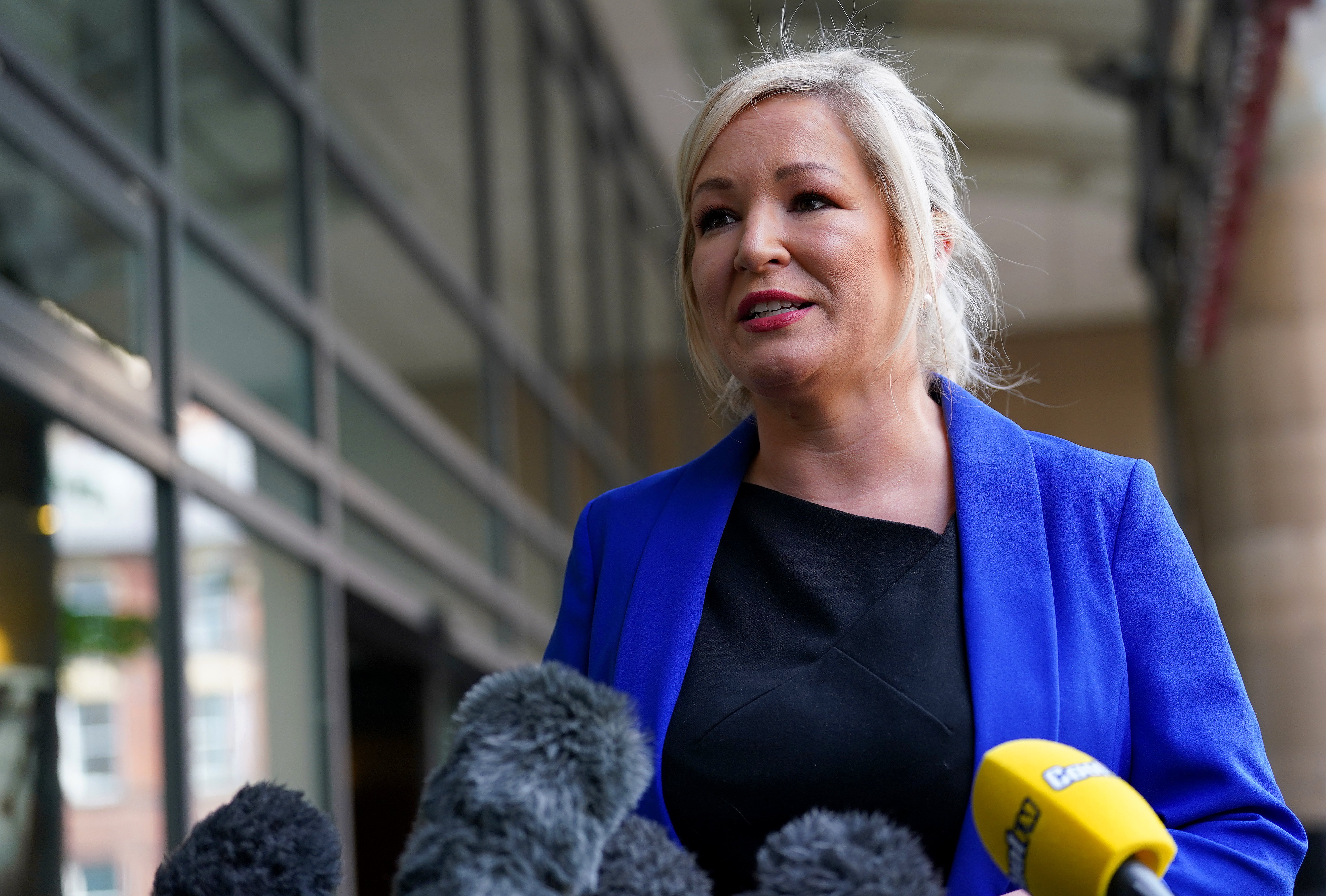 Sinn Fein Vice President Michelle O’Neill speaking to the media in Belfast city centre (PA)