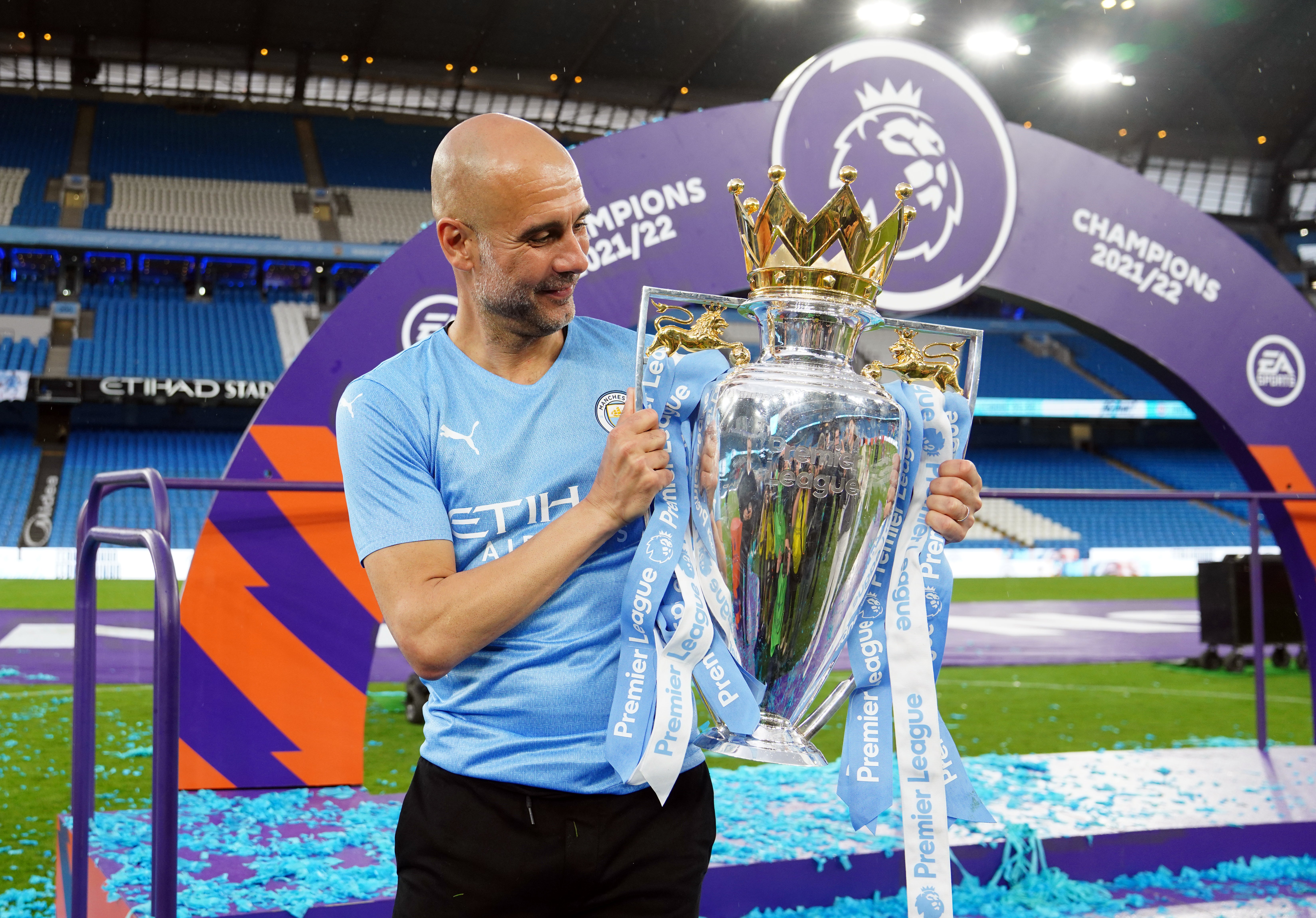 Pep Guardiola will soon enter the final year of his Manchester City contract (Martin Rickett/PA)