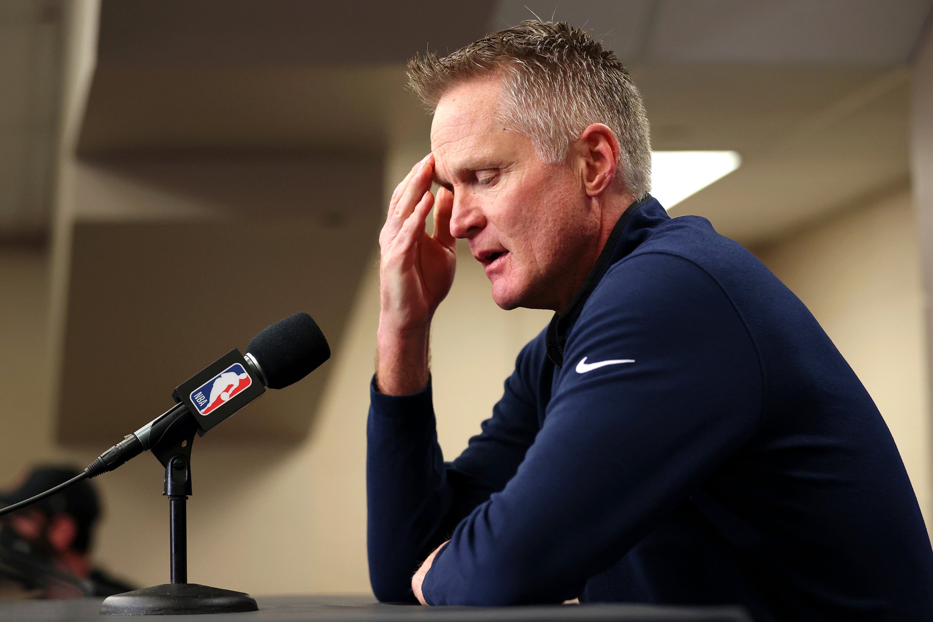 Steve Kerr speaks to the media after the Texas school shooting