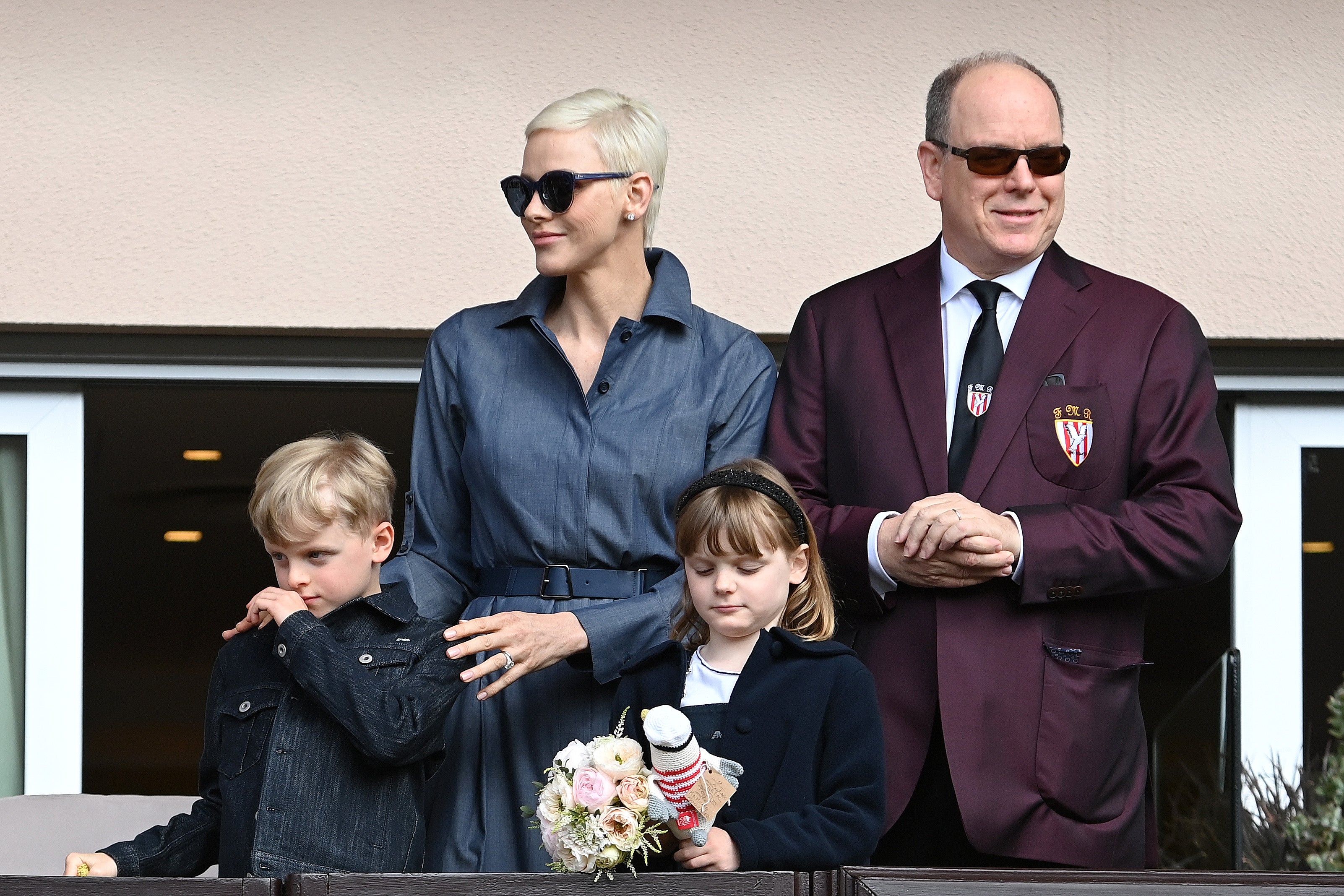 Charlene and Albert with children Jacques and Gabriella at the Sainte Devote Rugby Tournament in Monaco on 7 May