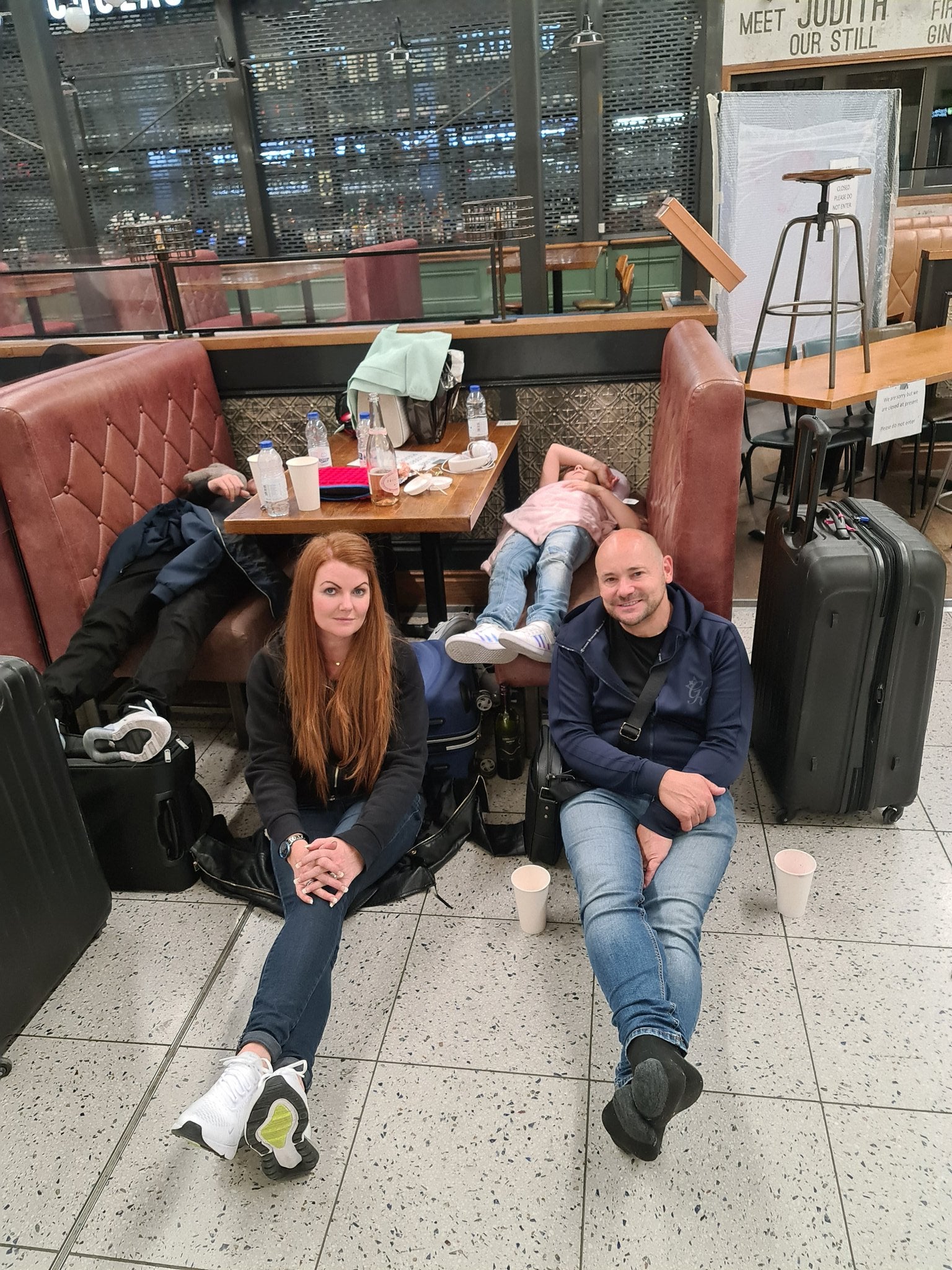 The Caine family remained positive even after sleeping in Gatwick Airport