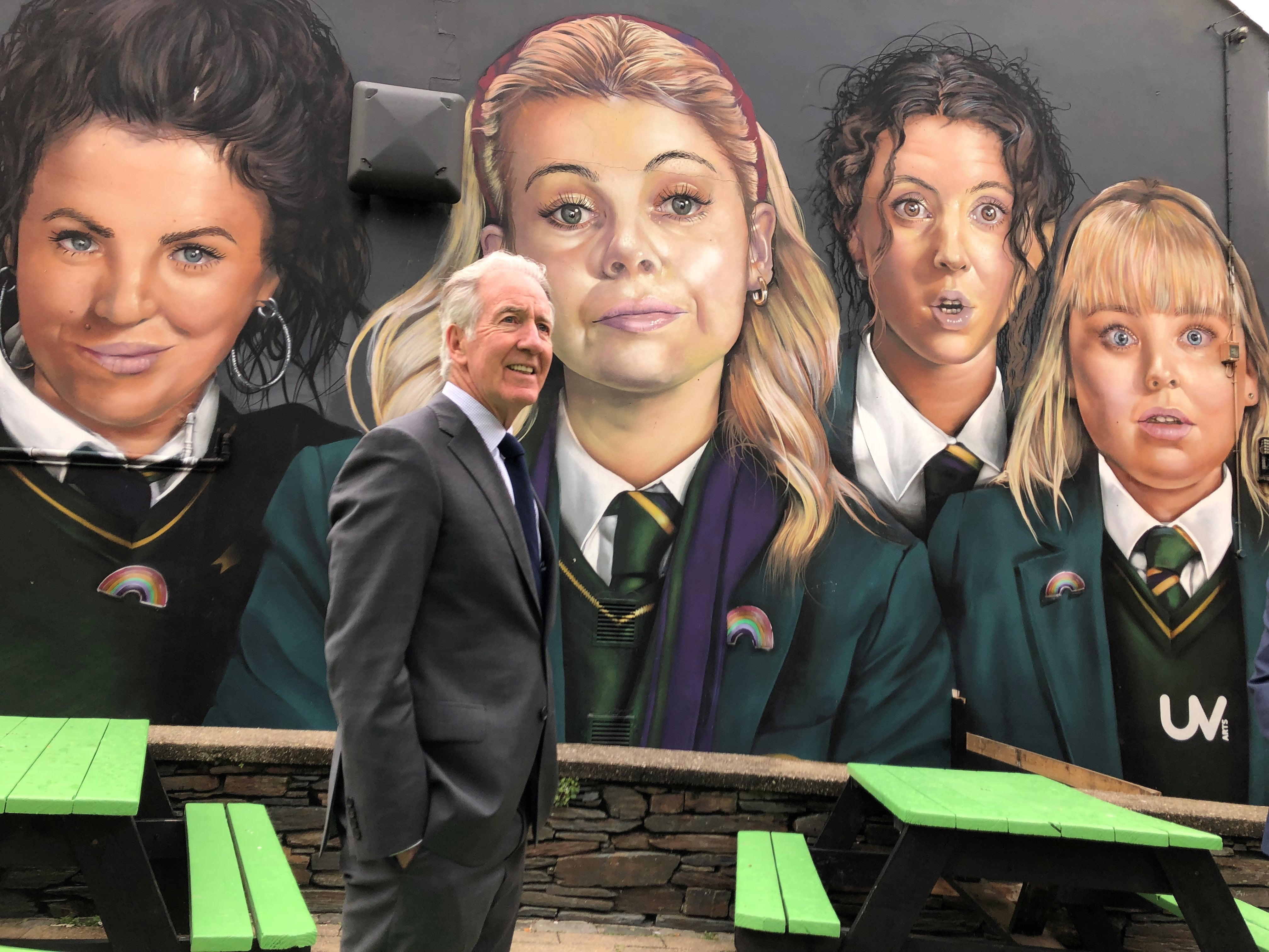 Congressman Richard Neal visits the Derry Girls mural as he leads a Congressional delegation on a visit to Londonderry (David Young/PA)