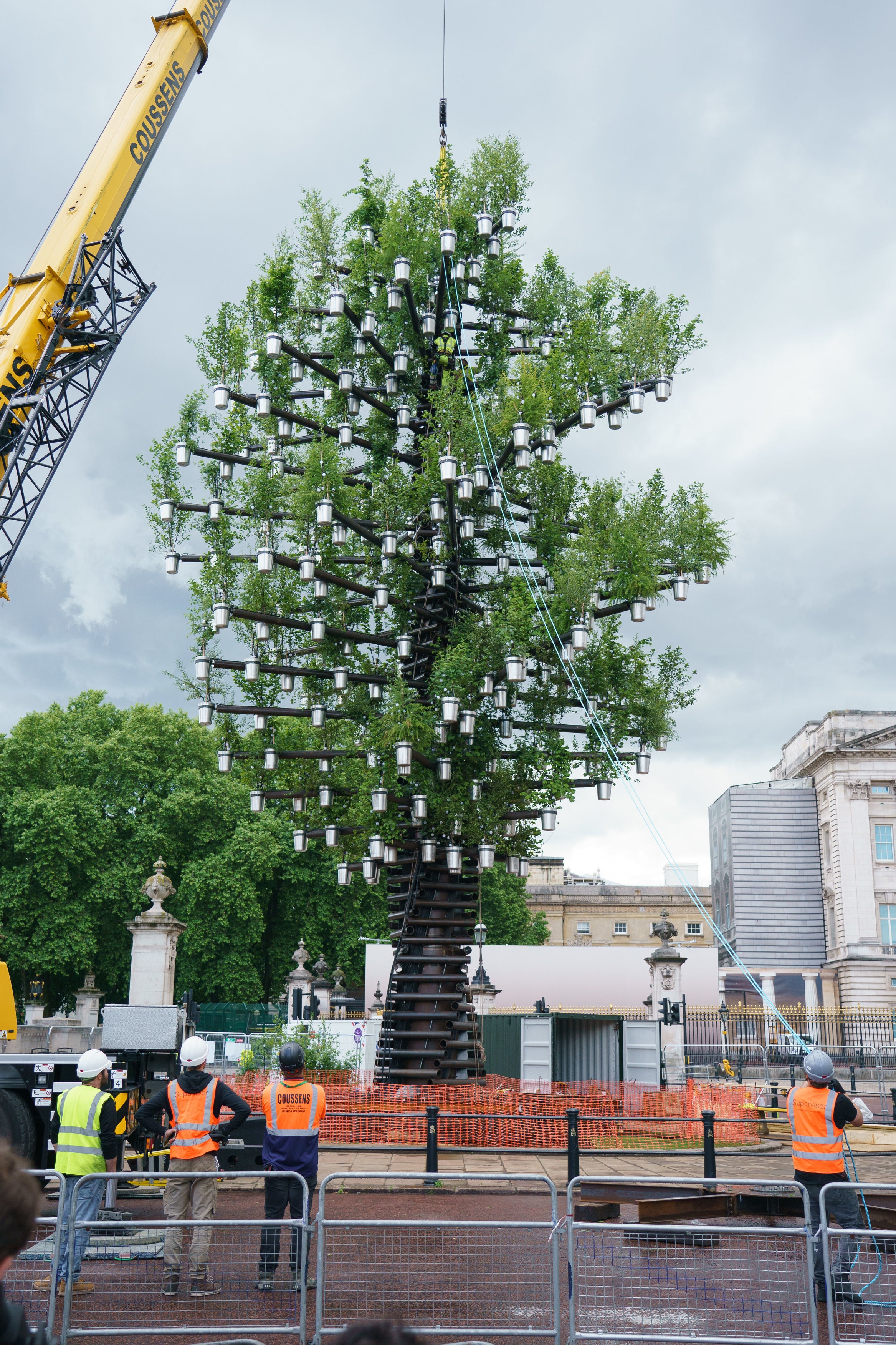 A team of workers add the final parts to the Queen's Green Canopy ahead of the Platinum Jubilee