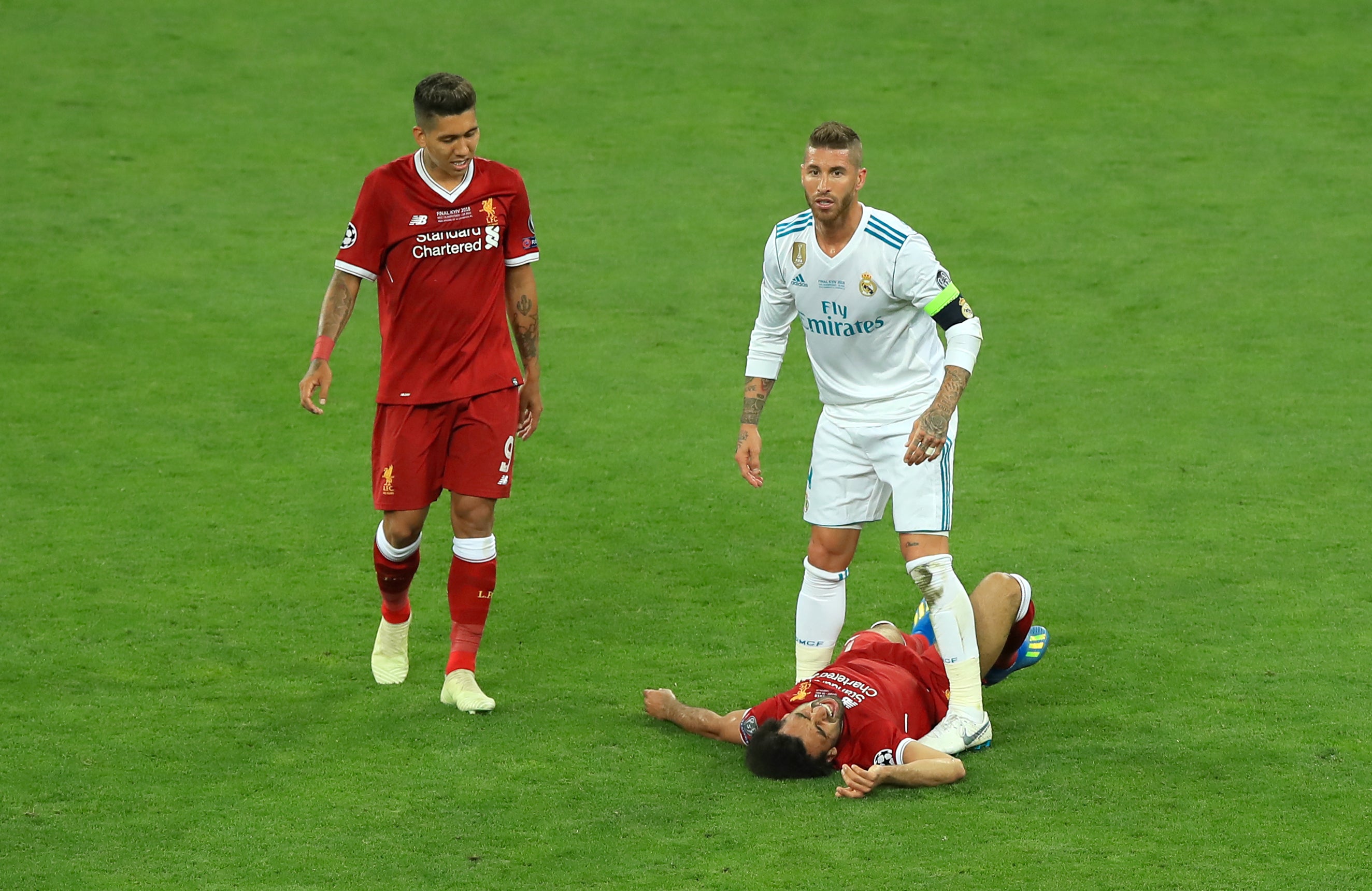 Mohamed Salah’s 2018 final ended early after a controversial challenge from Sergio Ramos (Peter Byrne/PA)