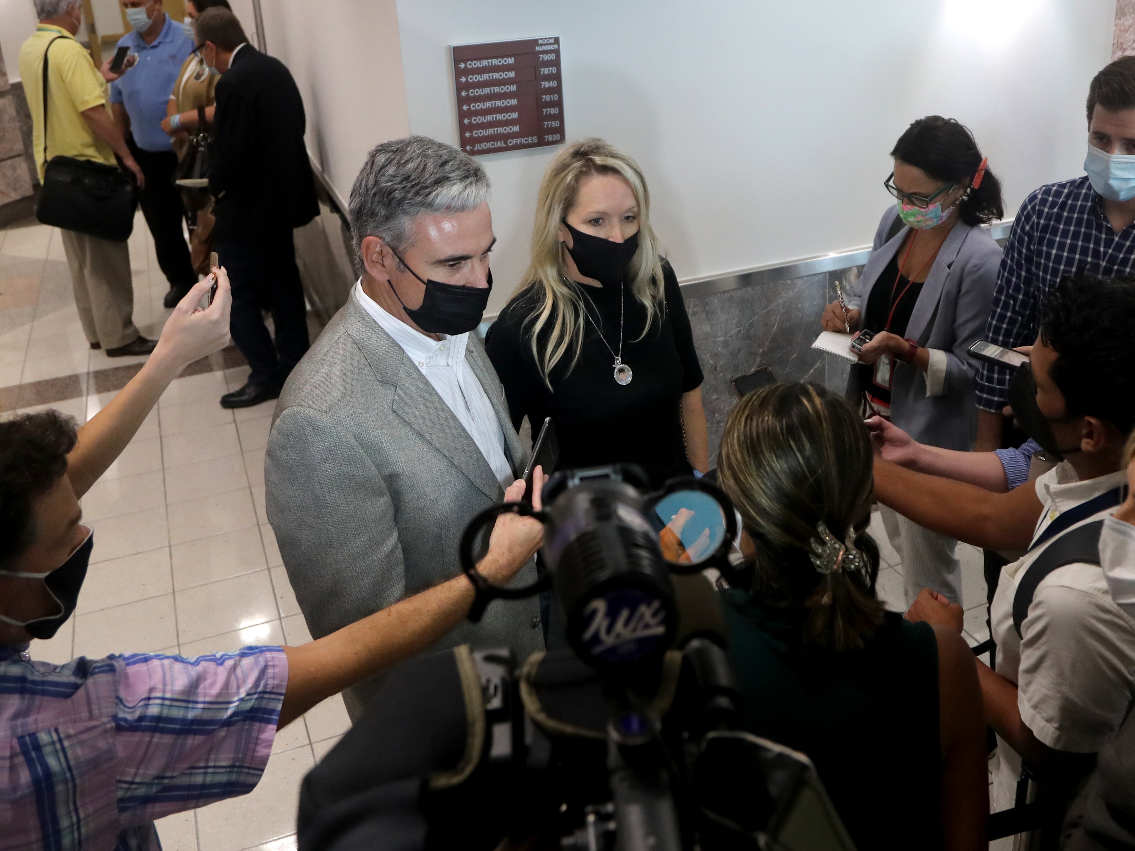 Gena and Tom Hoyer, the parents of Luke Hoyer talk to the media at the Broward County Courthouse on October 20, 2021 in Fort Lauderdale, Florida