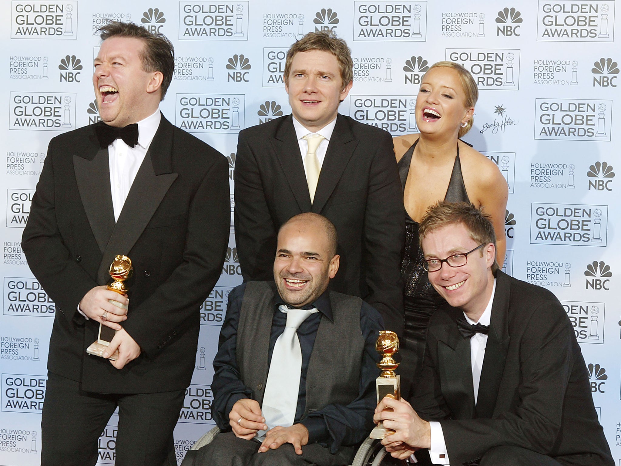 Ricky Gervais, Ash Atalla, Martin Freeman, Lucy Davis and Merchant at the Golden Globes in 2004