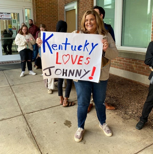 One fan holding a banner outside Fairfax County Courthouse in support of Johnny Depp