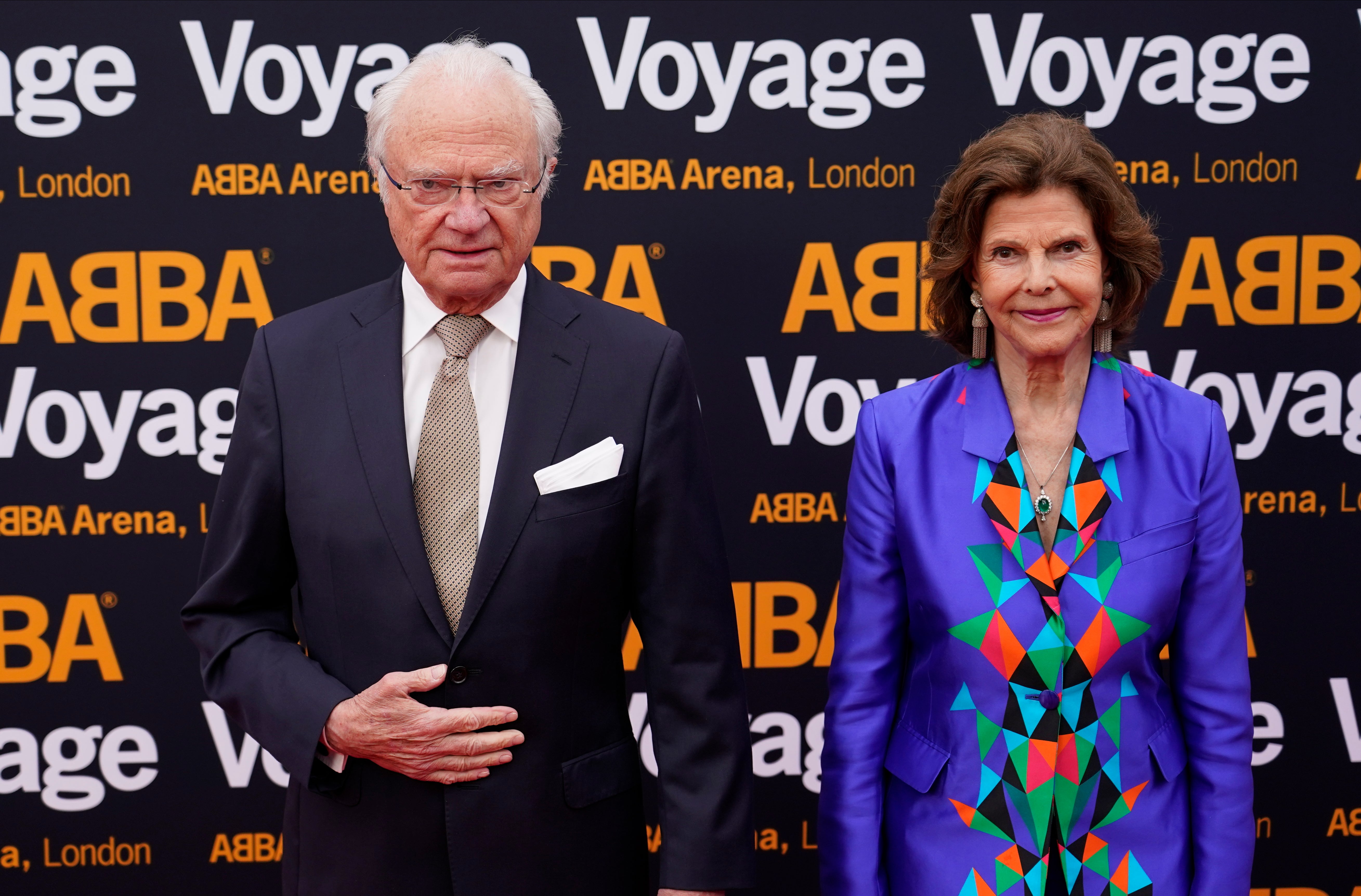 Sweden’s King Carl Gustaf and Queen Silvia attend the premiere of pop band Abba’s Voyage show