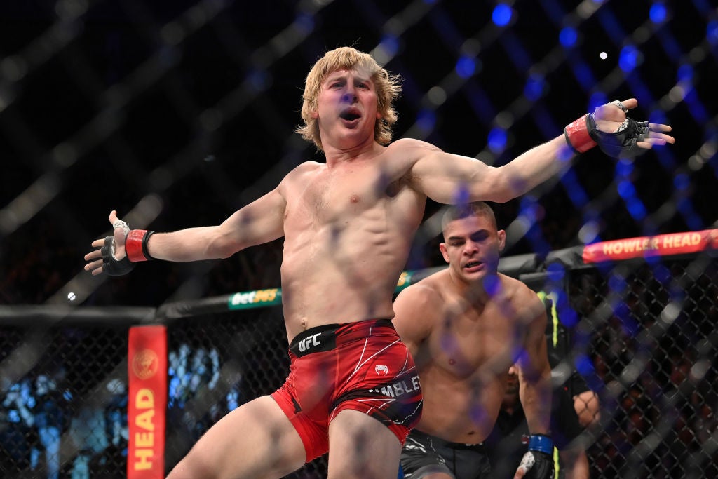 Pimblett celebrates his first-round submission of Rodrigo Vargas in London