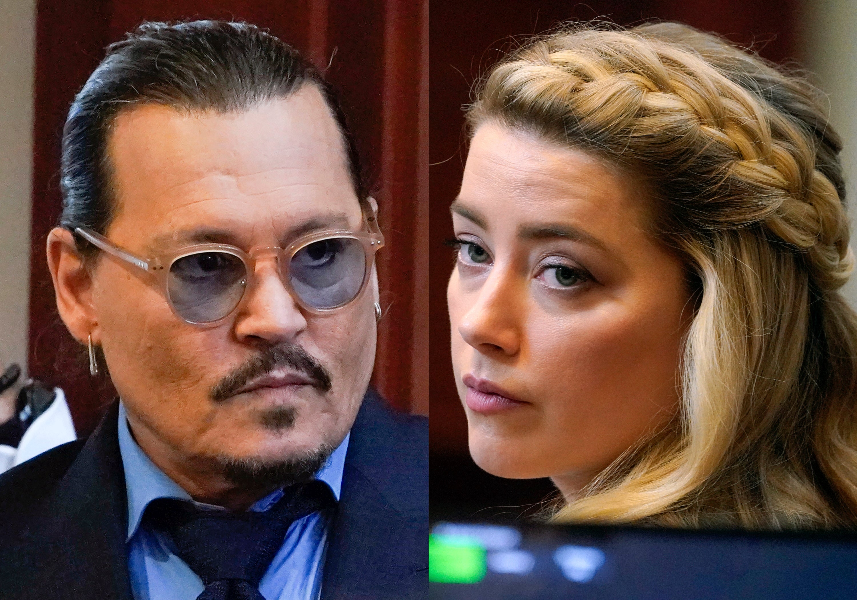 Johnny Depp and Amber Heard in two separate photos from the courtroom on 27 May as their attorneys delivered closing arguments