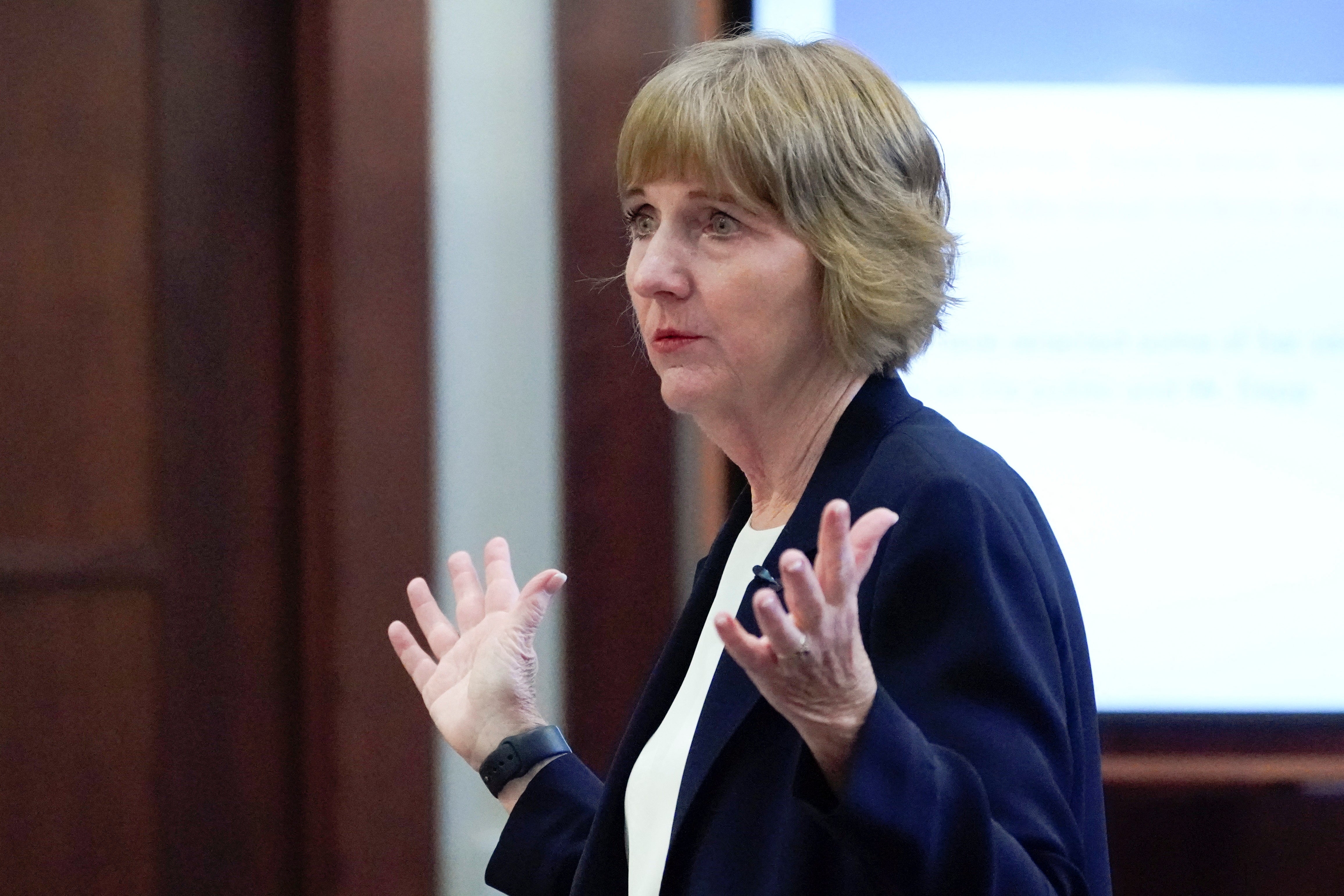 Attorney Elaine Bredehoft speaks during closing arguments