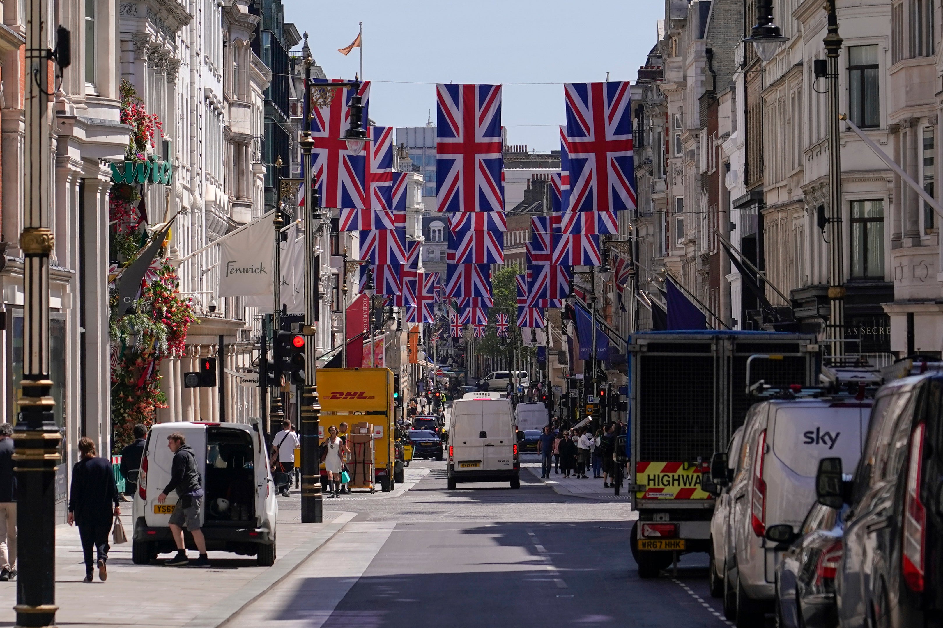 New Bond Street is decorated with Union flags in London