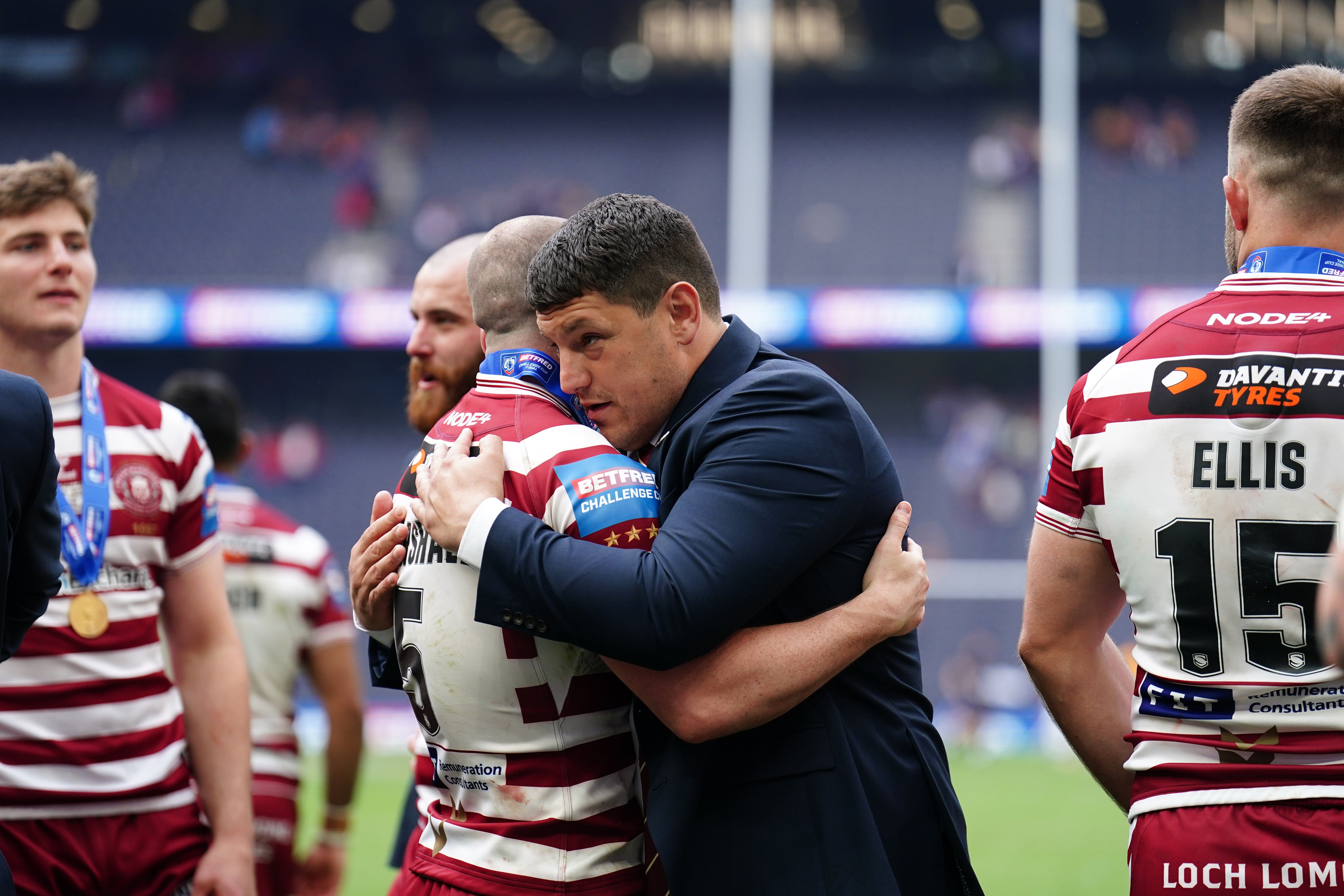 Liam Marshall, pictured hugging Matt Peet, scored the winning try (Mike Egerton/PA)