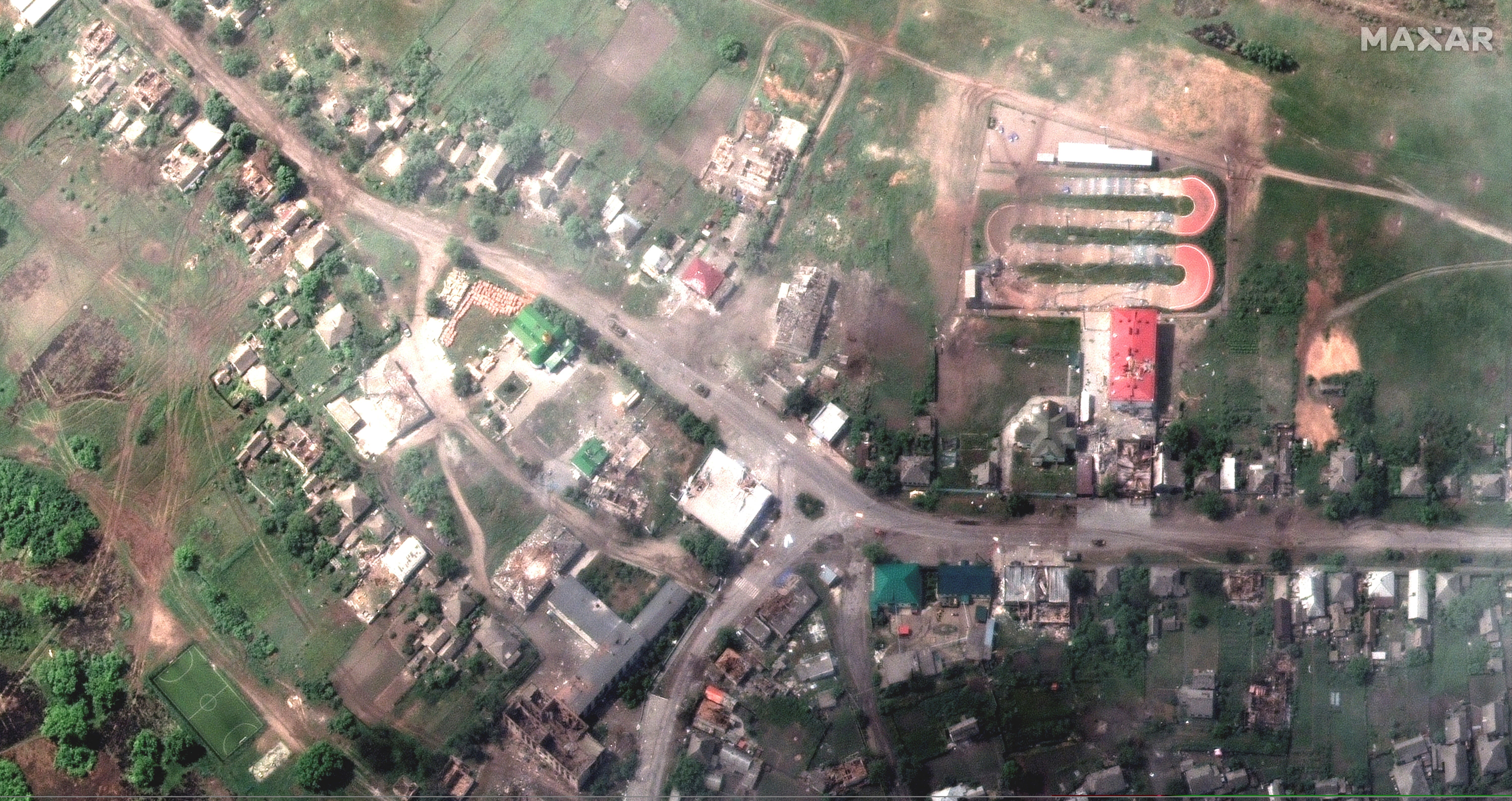 A satellite image shows the damaged town of Lyman, Donetsk region