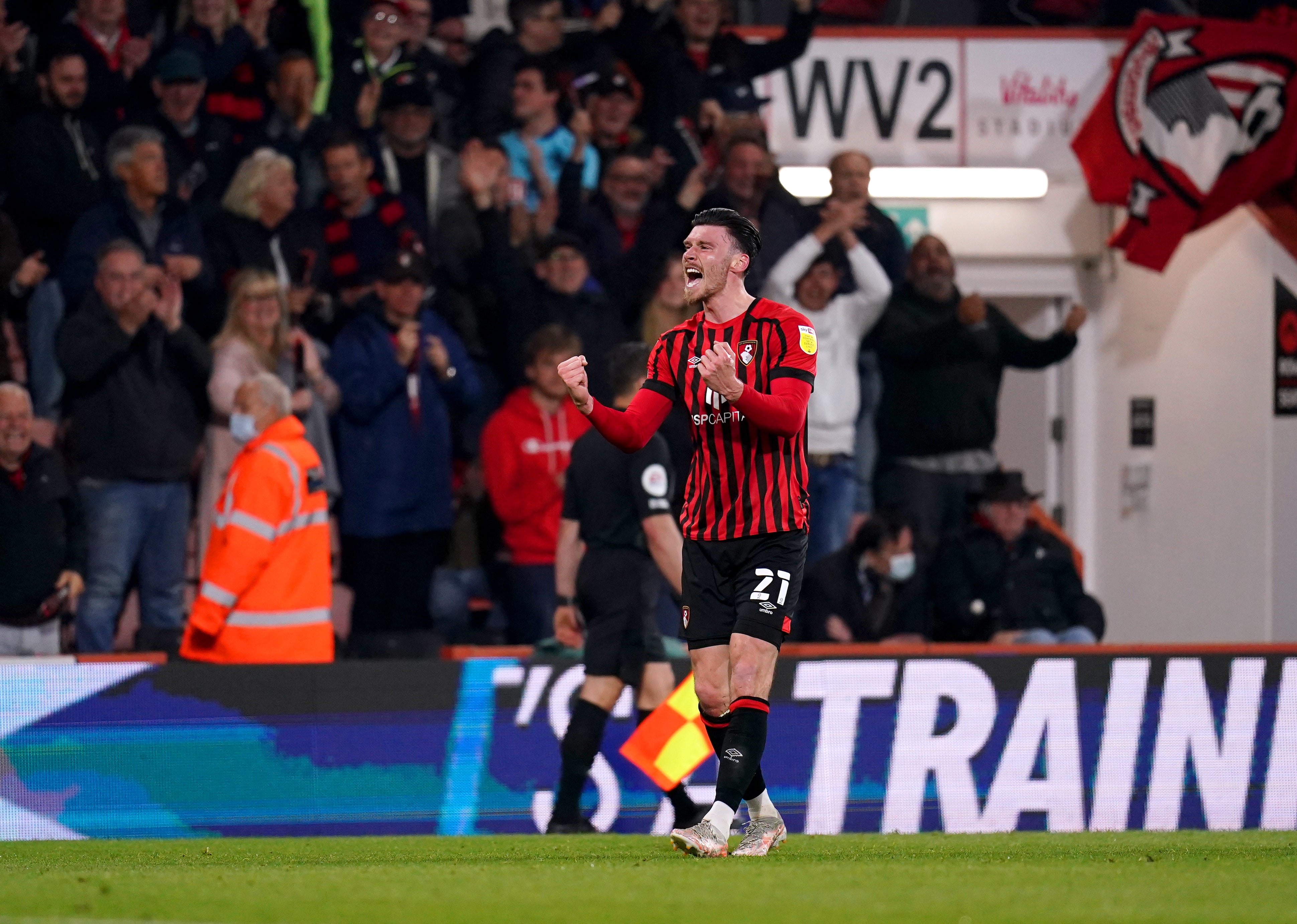 Kieffer Moore celebrates scoring the goal against Nottingham Forest that took Bournemouth into the Premier League (John Walton/PA)