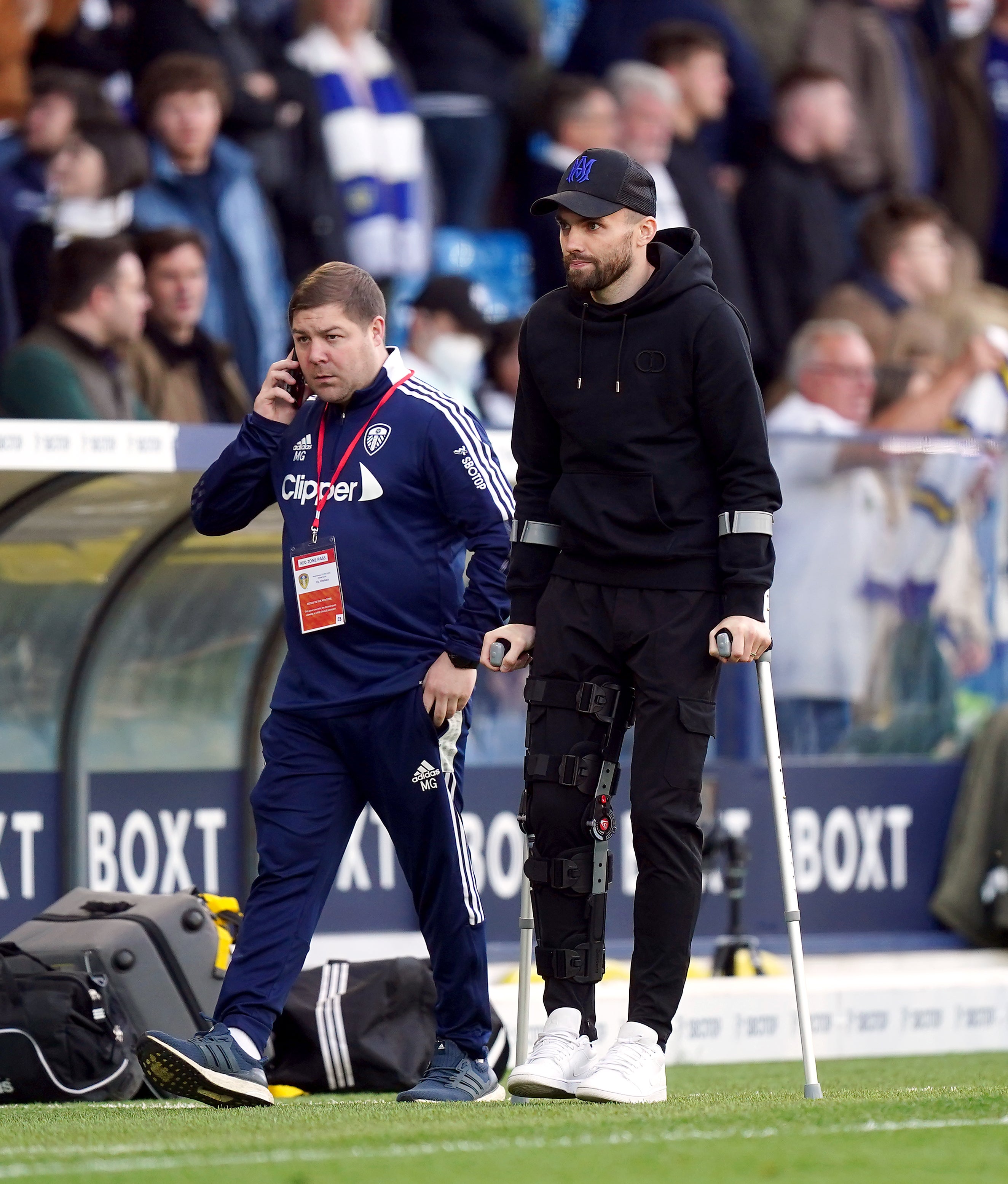 Leeds’ Stuart Dallas on crutches at Elland Road earlier this month after a broken leg ended his season prematurely (Mike Egerton/PA)