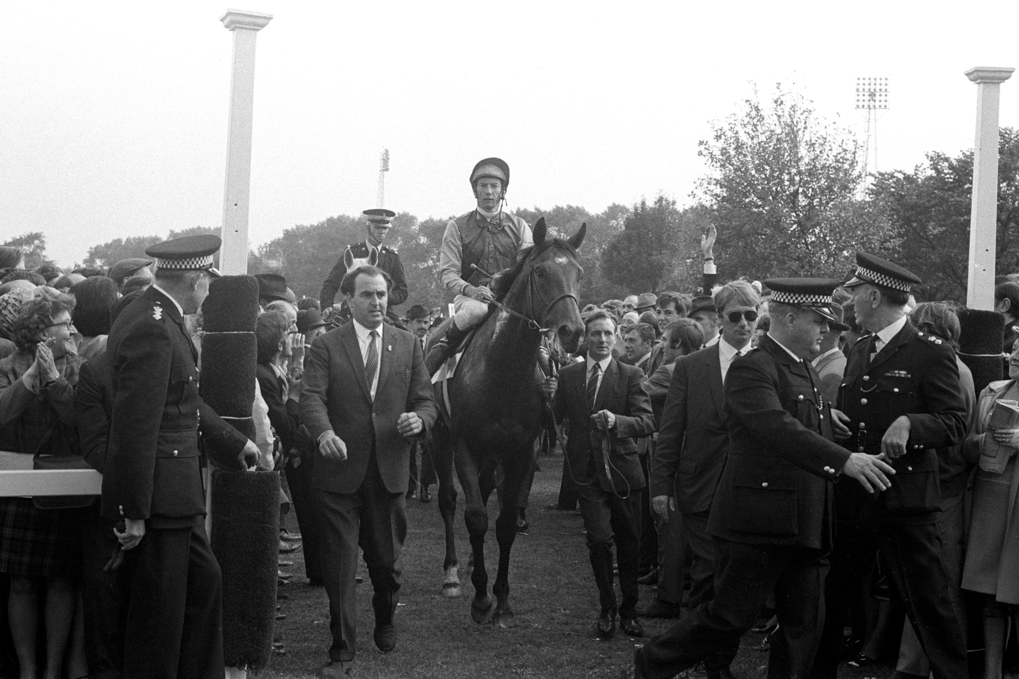 Nijinsky, ridden by Piggott, after winning the St Leger at Doncaster in 1970