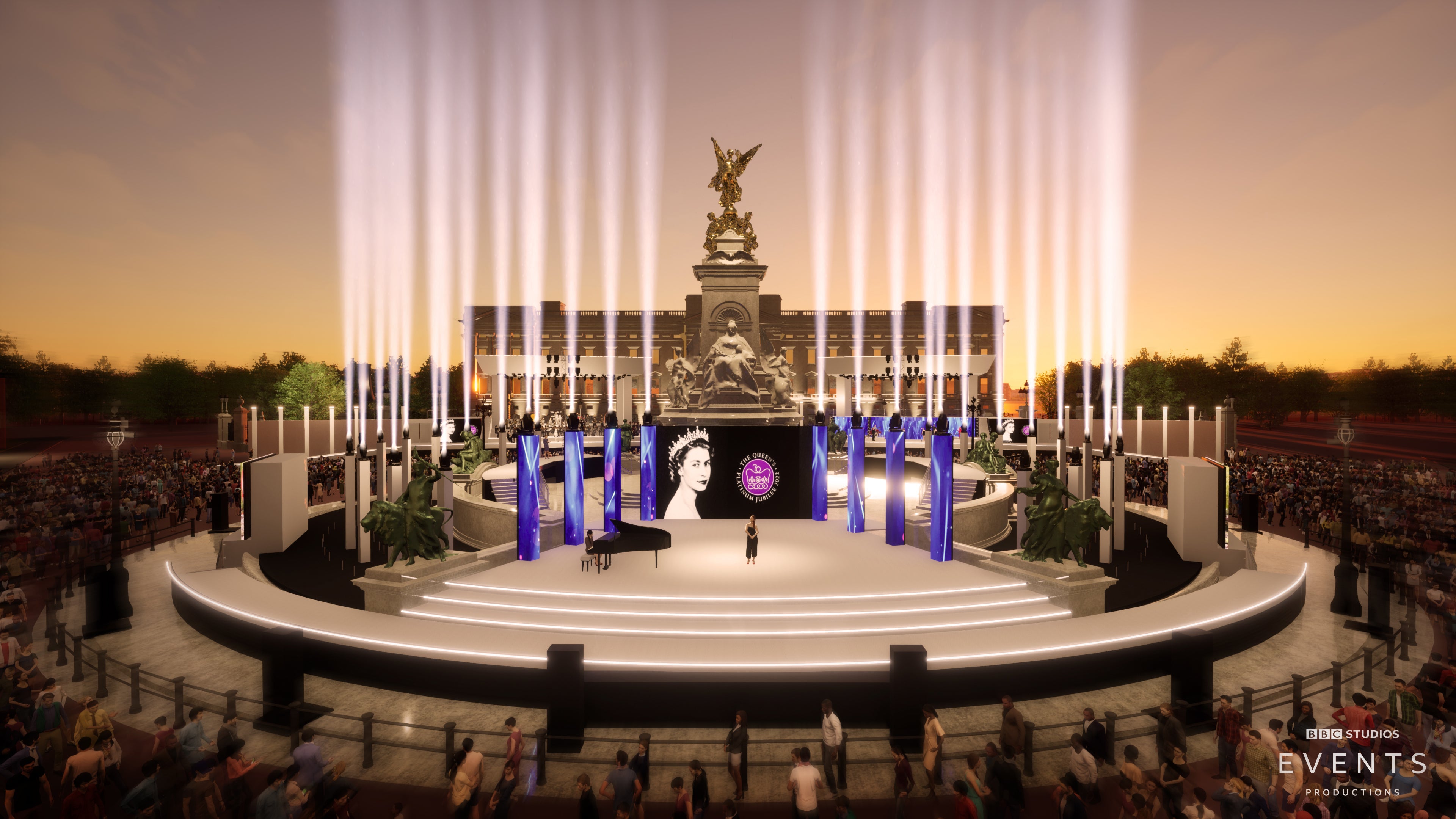 Artist impression of the stages outside Buckingham Palace (BBC/PA)