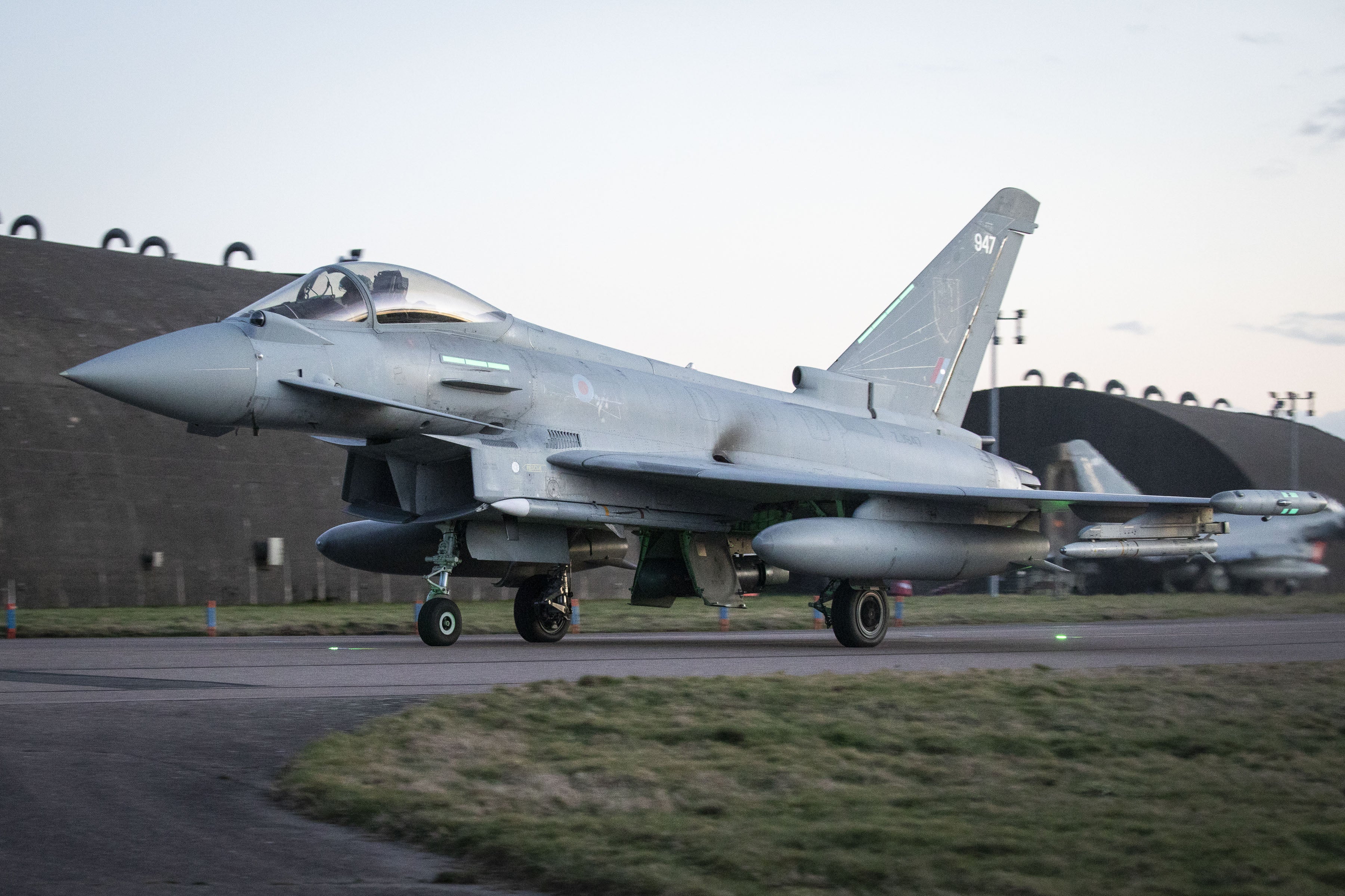 Stock image of RAF Typhoons taking of from Royal Air Force Coningsby. It comes as the MoD has announced the RAF and Royal Navy will help keep fans safe at the World Cup in Qatar. Credit – MoD/ PA