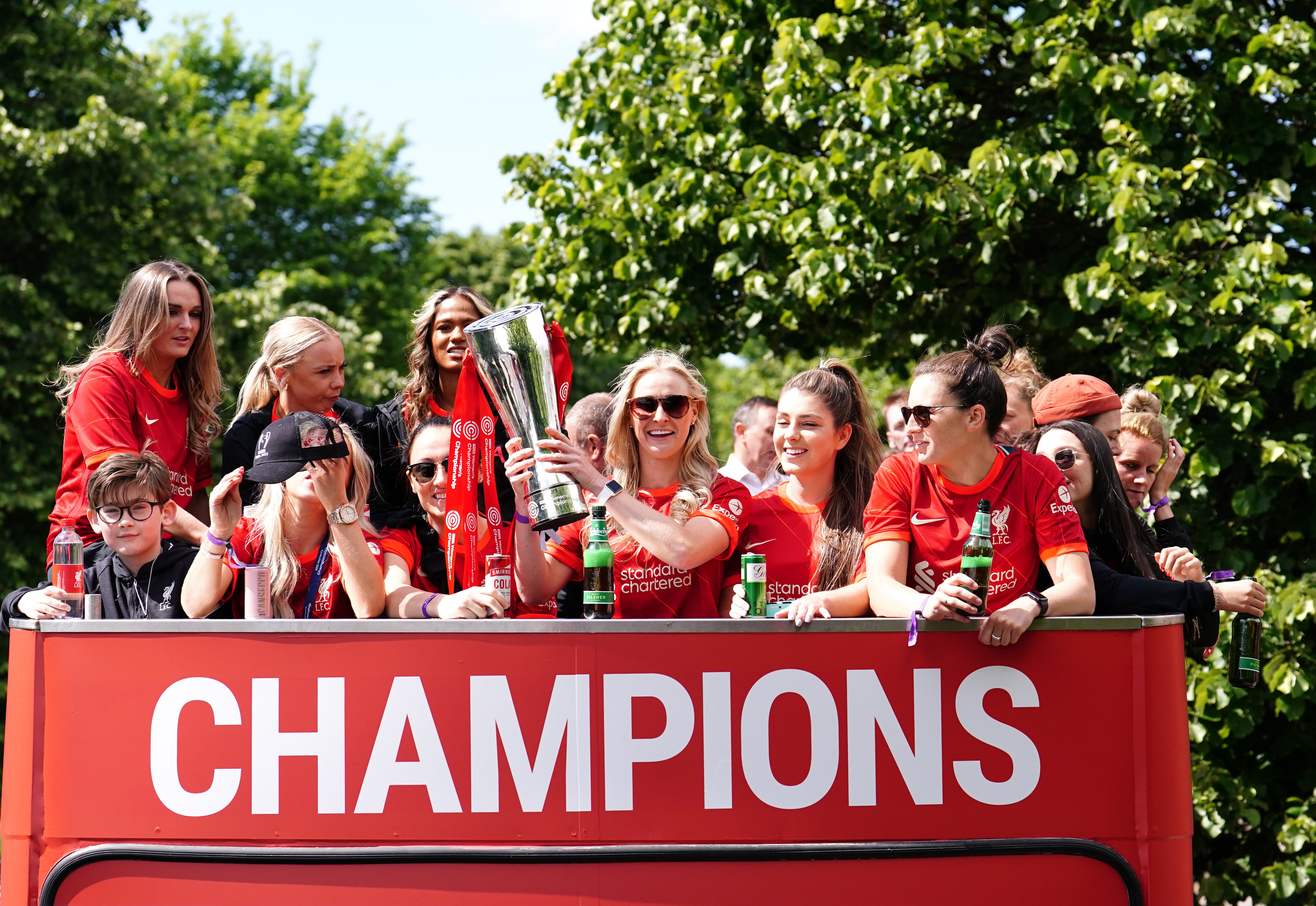 Liverpool Women celebrate with the FA Women’s Championship trophy on the parade (Martin Rickett/PA)