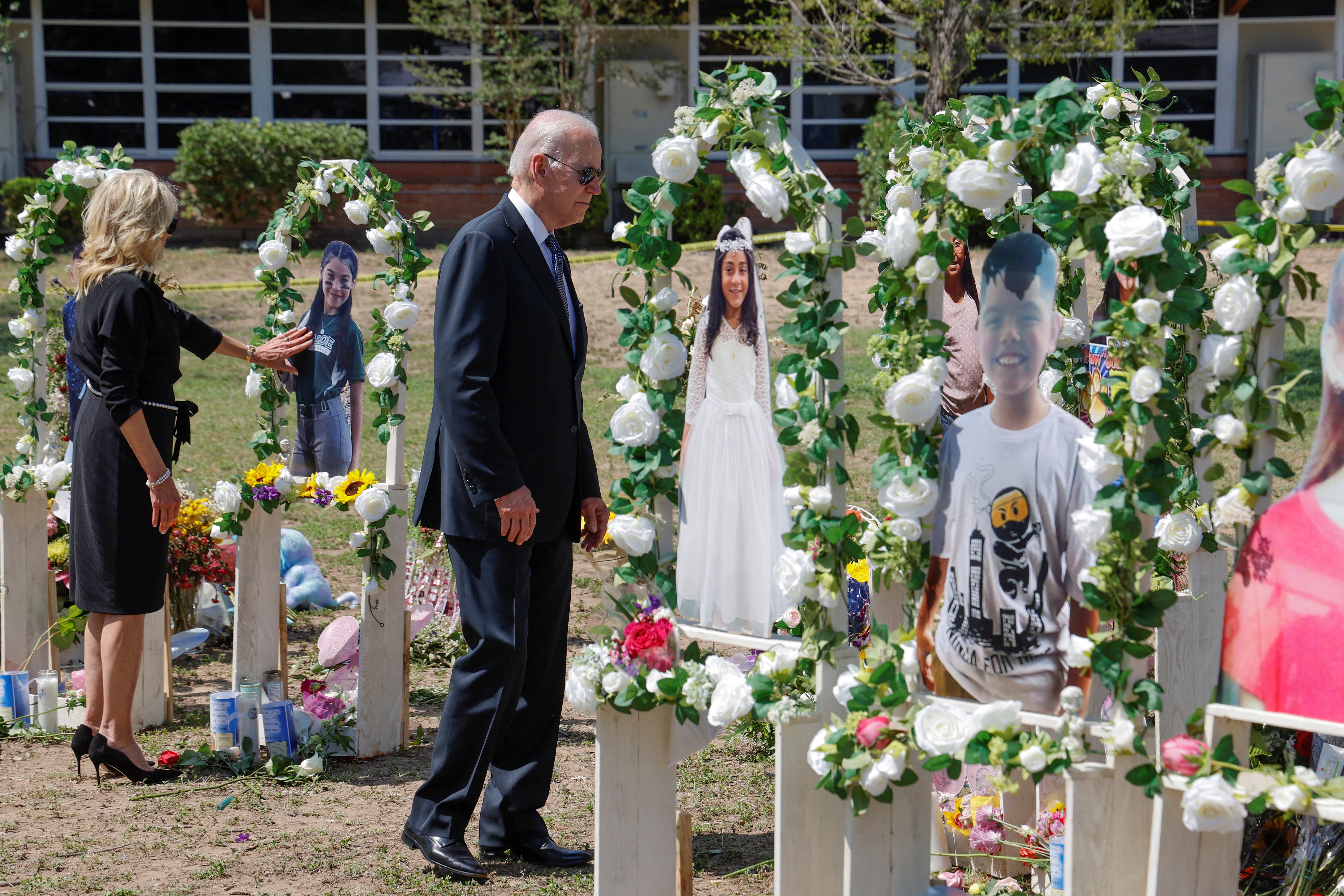 President Joe Biden and First Lady Jill Biden visit a memorial for the victims of the Uvalde shooting