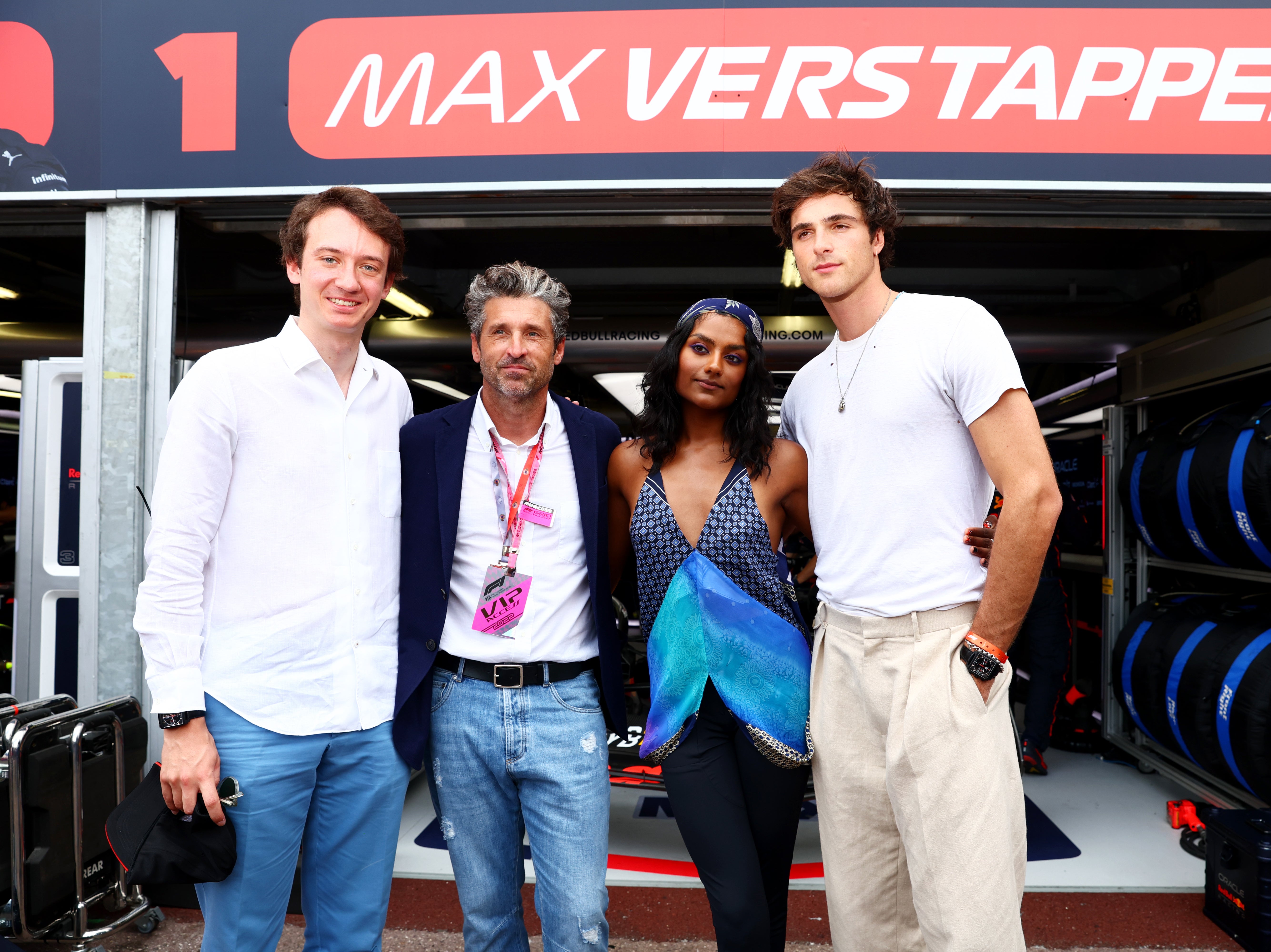 Frédéric Arnault (CEO of TAG Heuer), Patrick Dempsey, Simone Ashley and Jacob Elordi ahead of F1 Grand Prix of Monaco