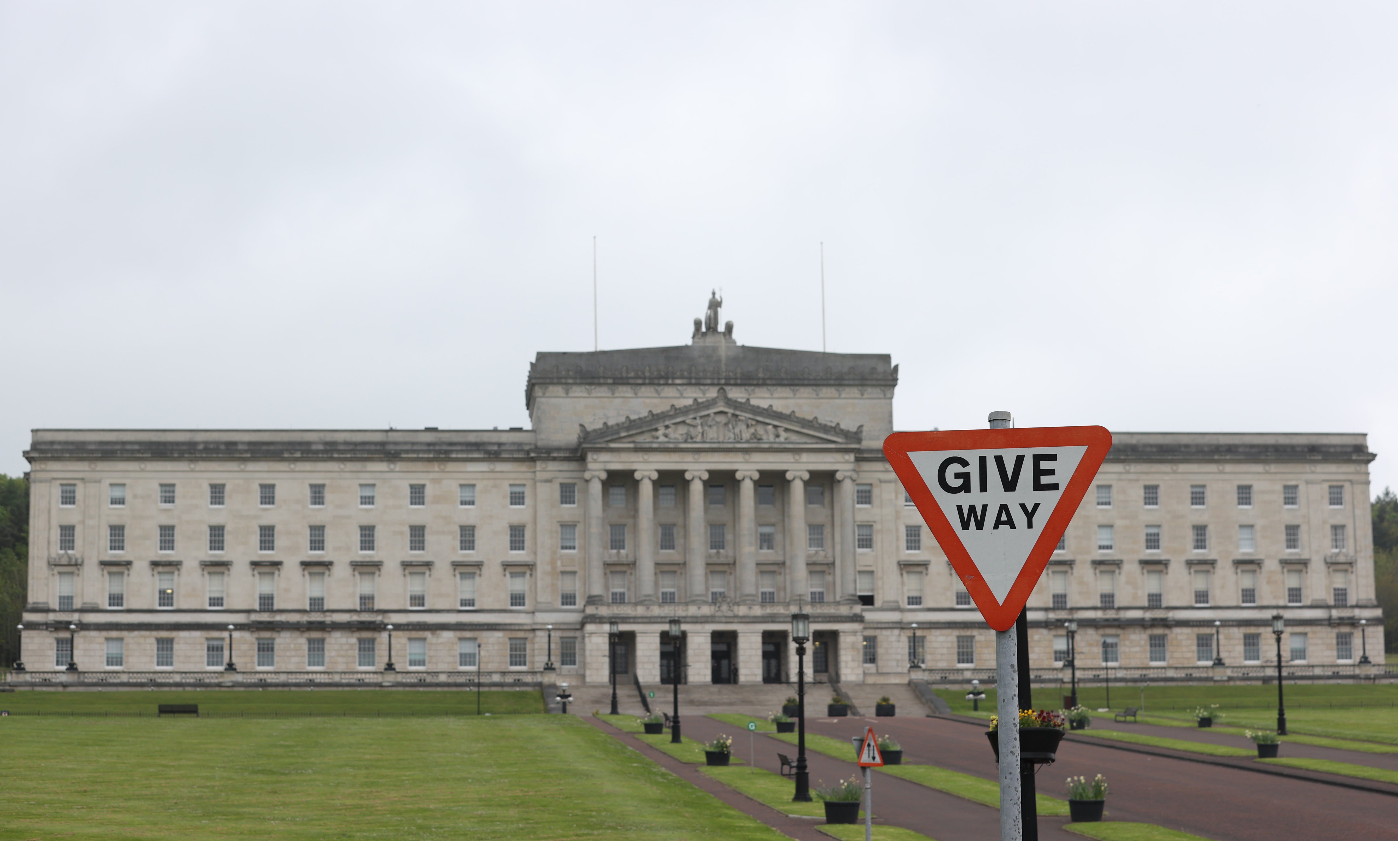 A Give Way sign at Parliament Buildings at Stormont, Belfast, following the historic result at the weekend with Sinn Fein overtaking the DUP to become the first nationalist or republican party to emerge top at Stormont (Liam McBurney/PA)