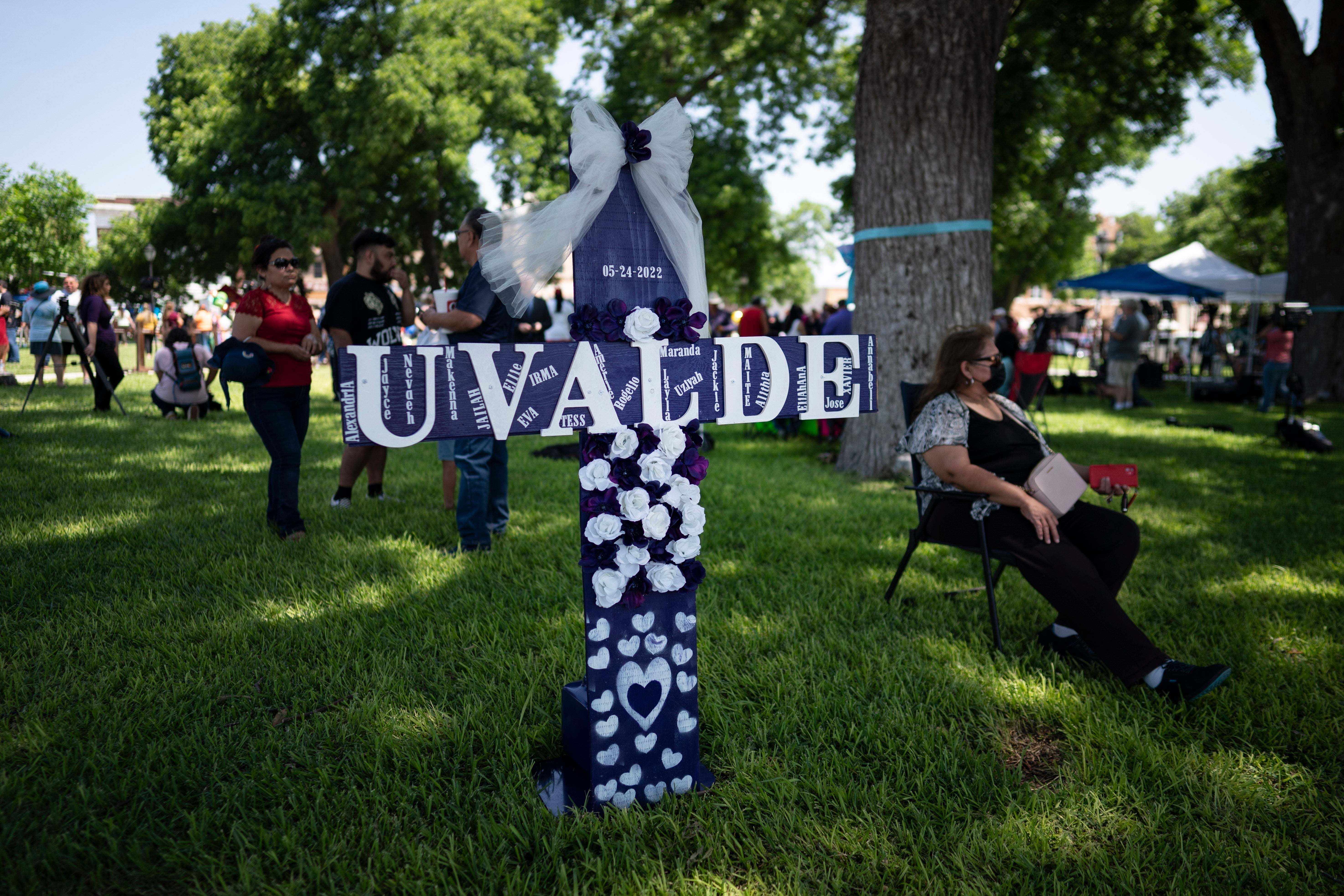 A memorial site in Uvalde, Texas, where the community is now grieving for 21 victims of gun violence