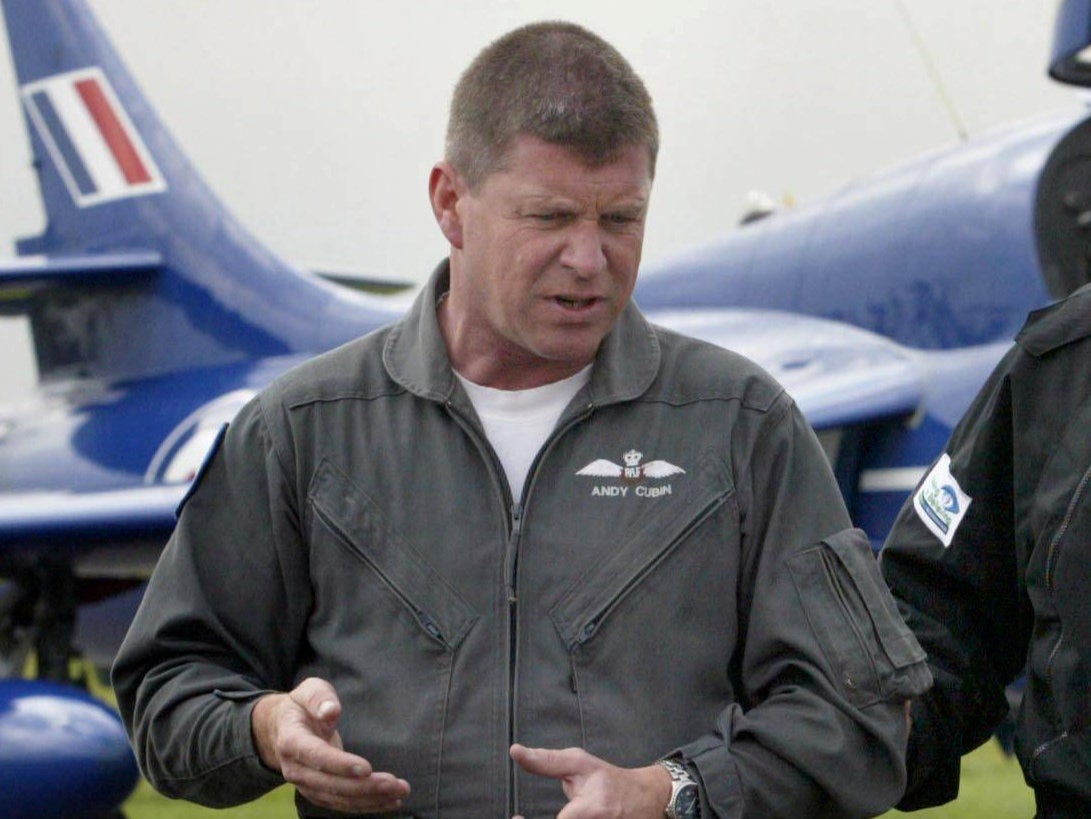 Andy Cubin in front of a Hawker Hunter jet at Kemble airfield, August 2007