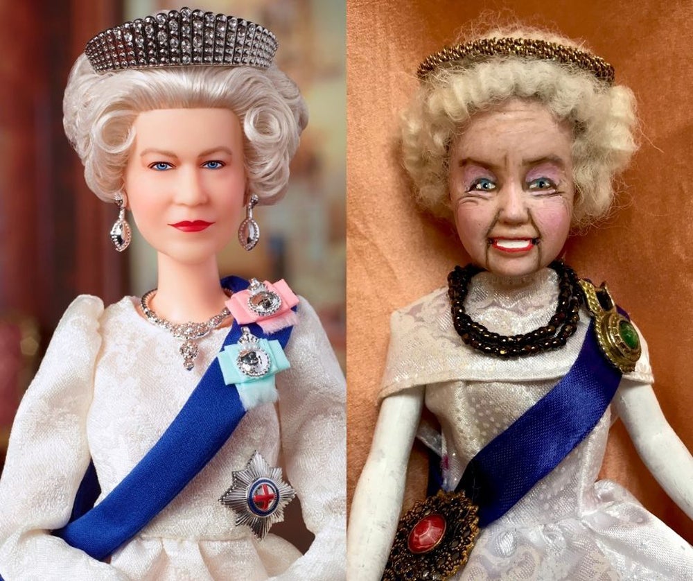 Lou Gray’s version of The Queen Barbie doll alongside the original Barbie of Her Majesty (Mattel 2022/PA Real Life)