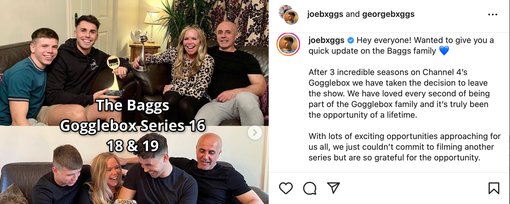 Joe Baggs has announced his family have quit ‘Gogglebox’