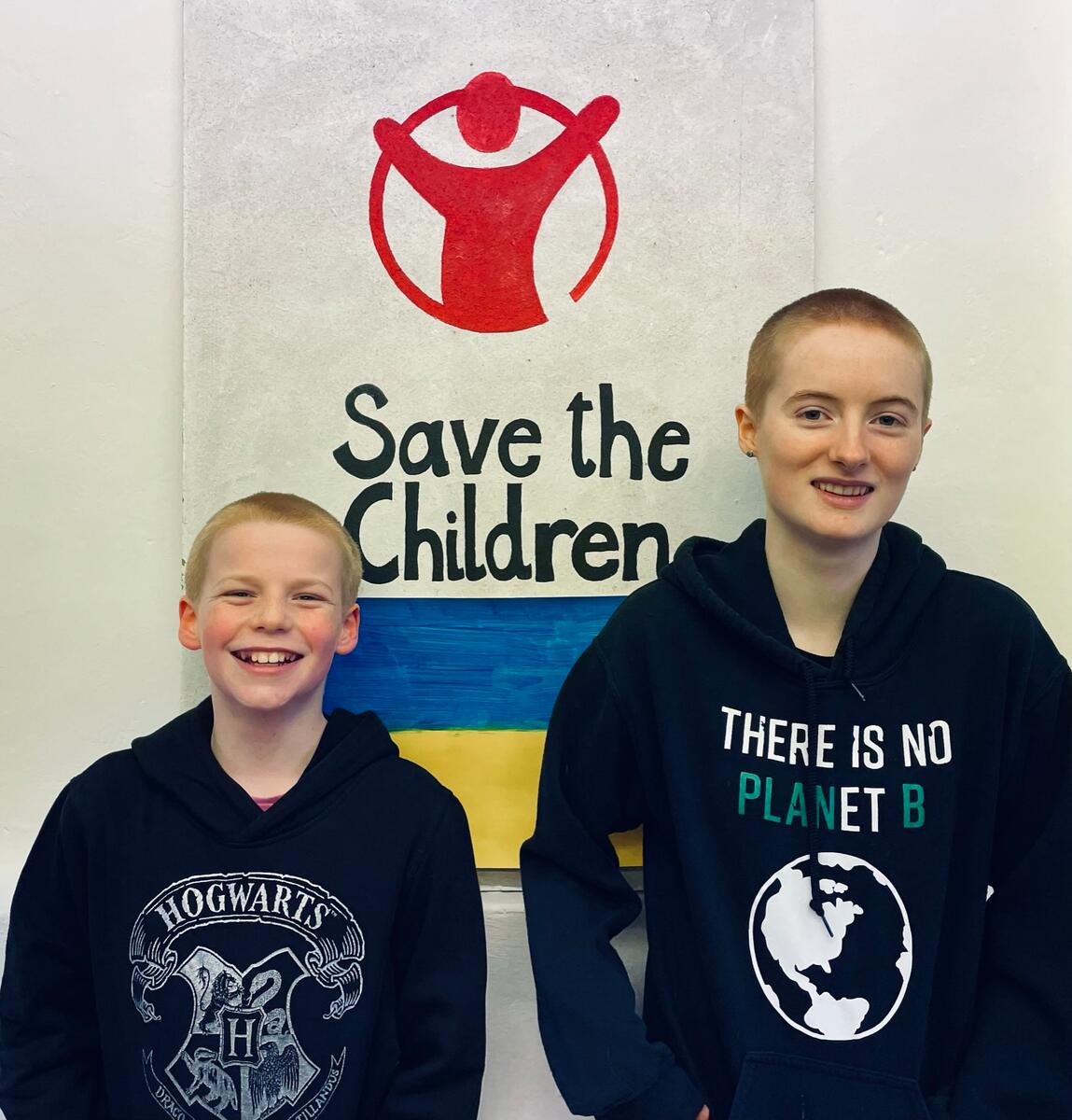 Evie, 13, and Rowan, 11, who bravely shaved their heads to raise over £3,000 after seeing images of the Ukraine war online and in the news and in school