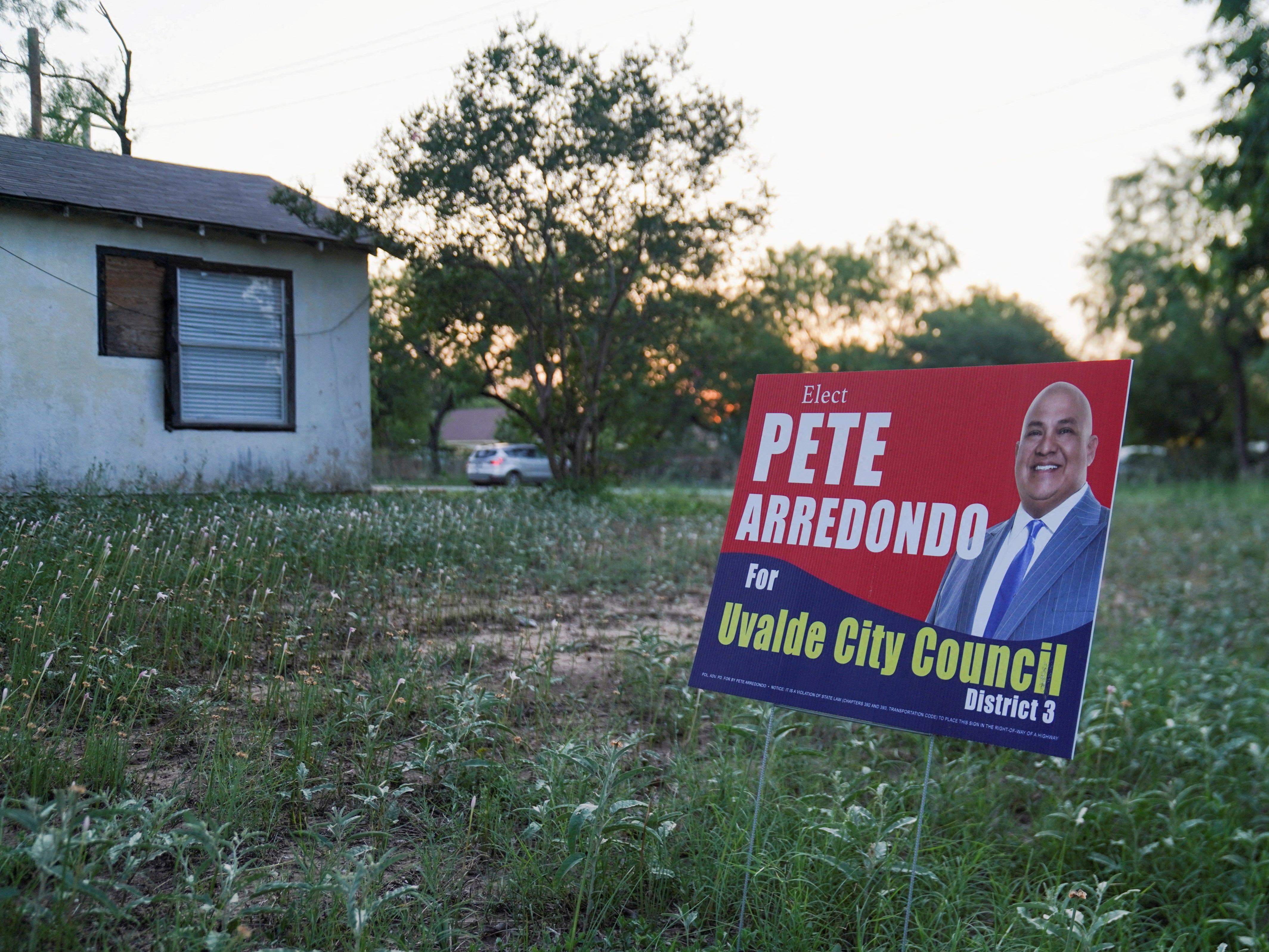 A Pete Arredondo city council election sign in Uvalde, Texas