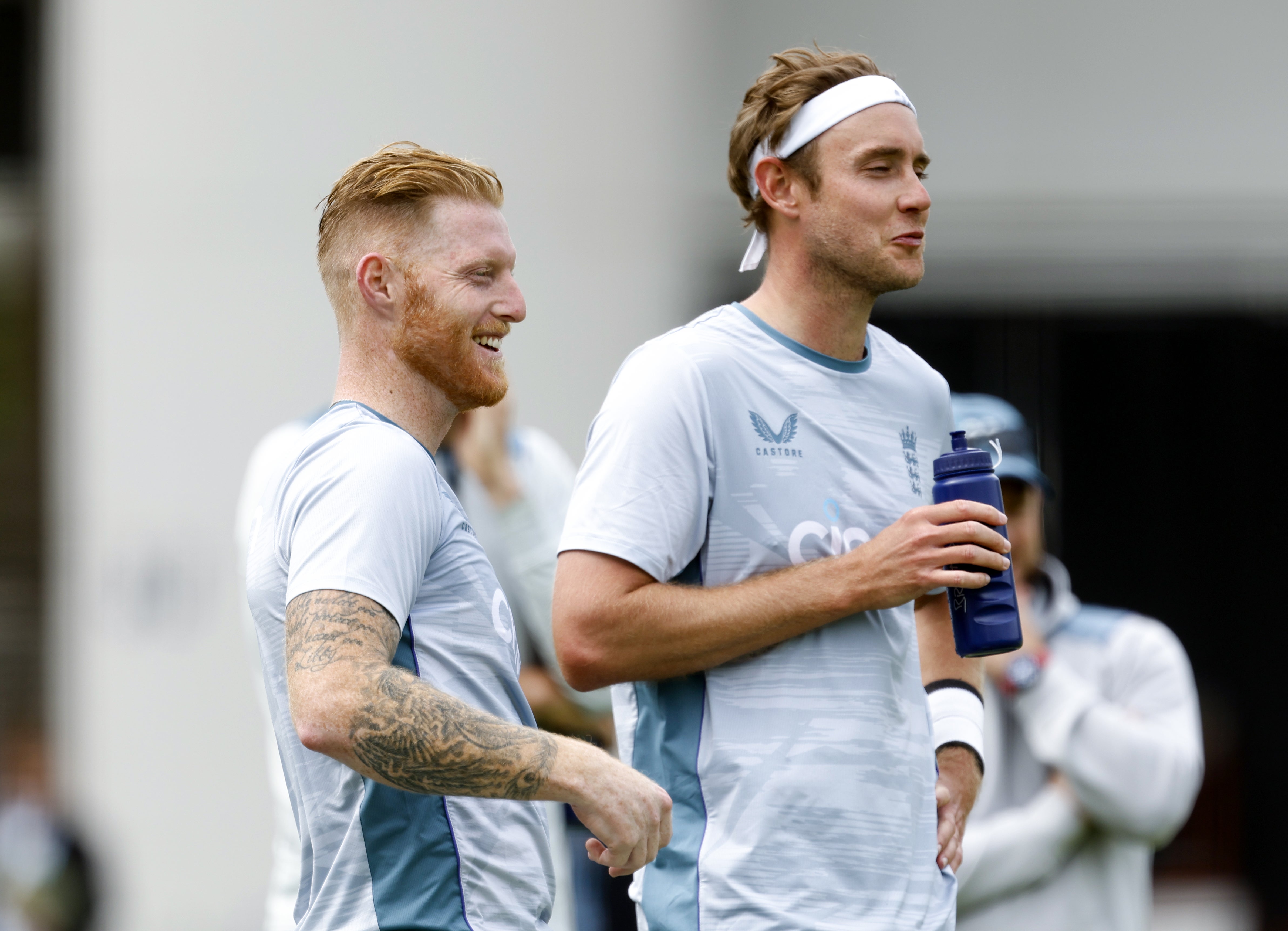 New England captain Ben Stokes and Stuart Broad during a nets session (Steven Paston/PA)