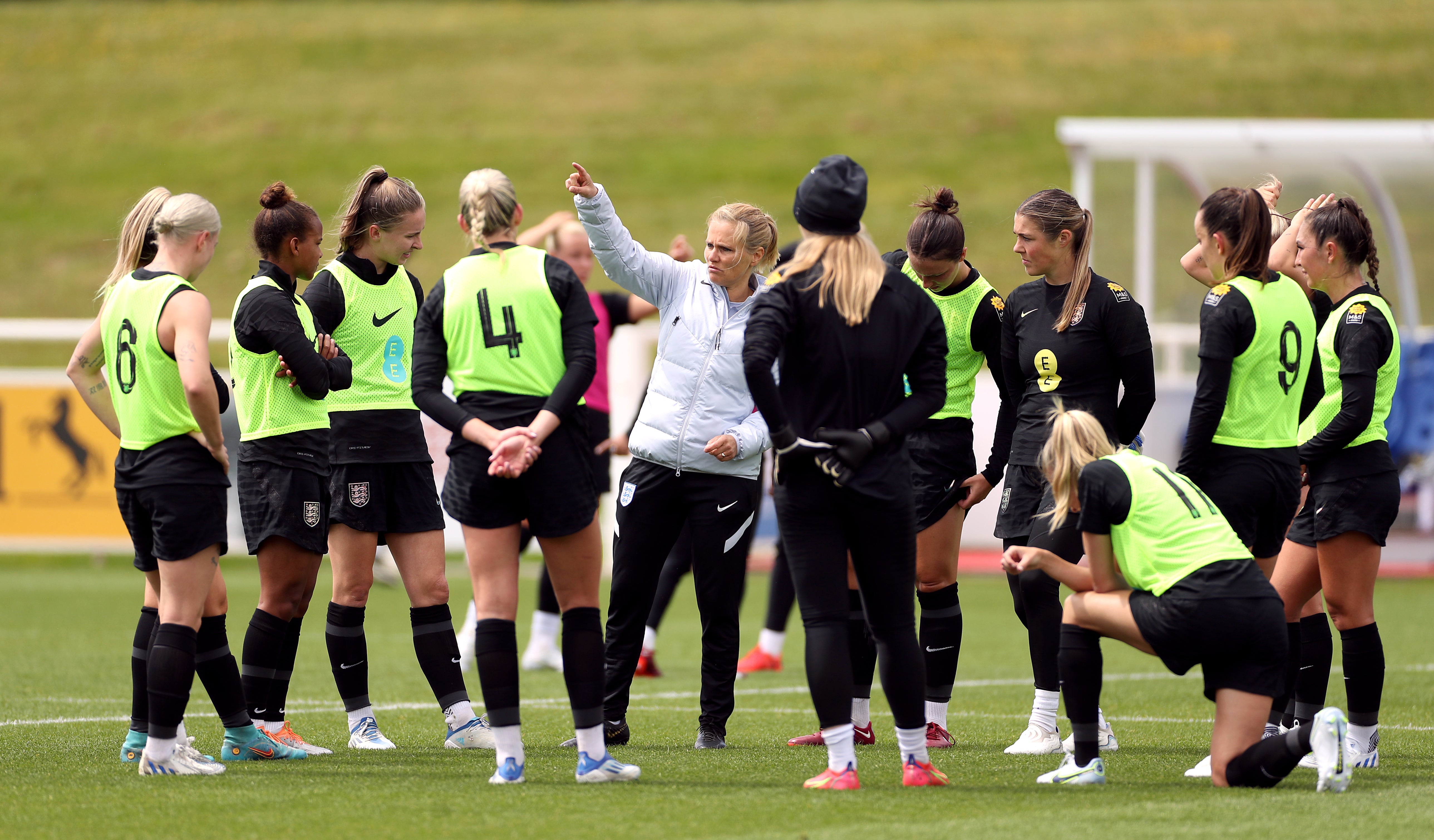 England boss Sarina Wiegman with her players at St George’s Park (Bradley Collyer/PA)