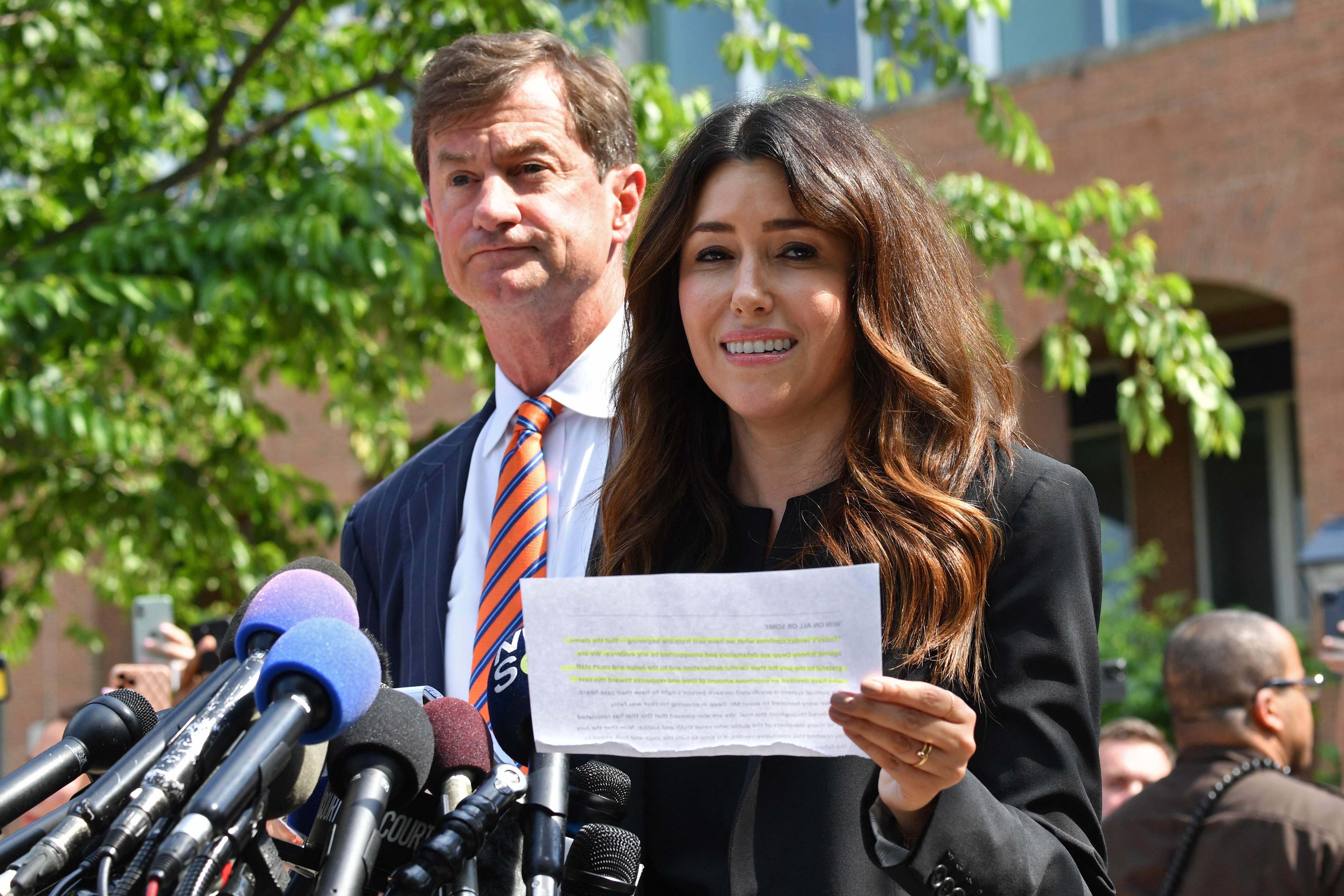 Johnny Depp’s lawyer Camille Vasquez speaks to reporters outside court