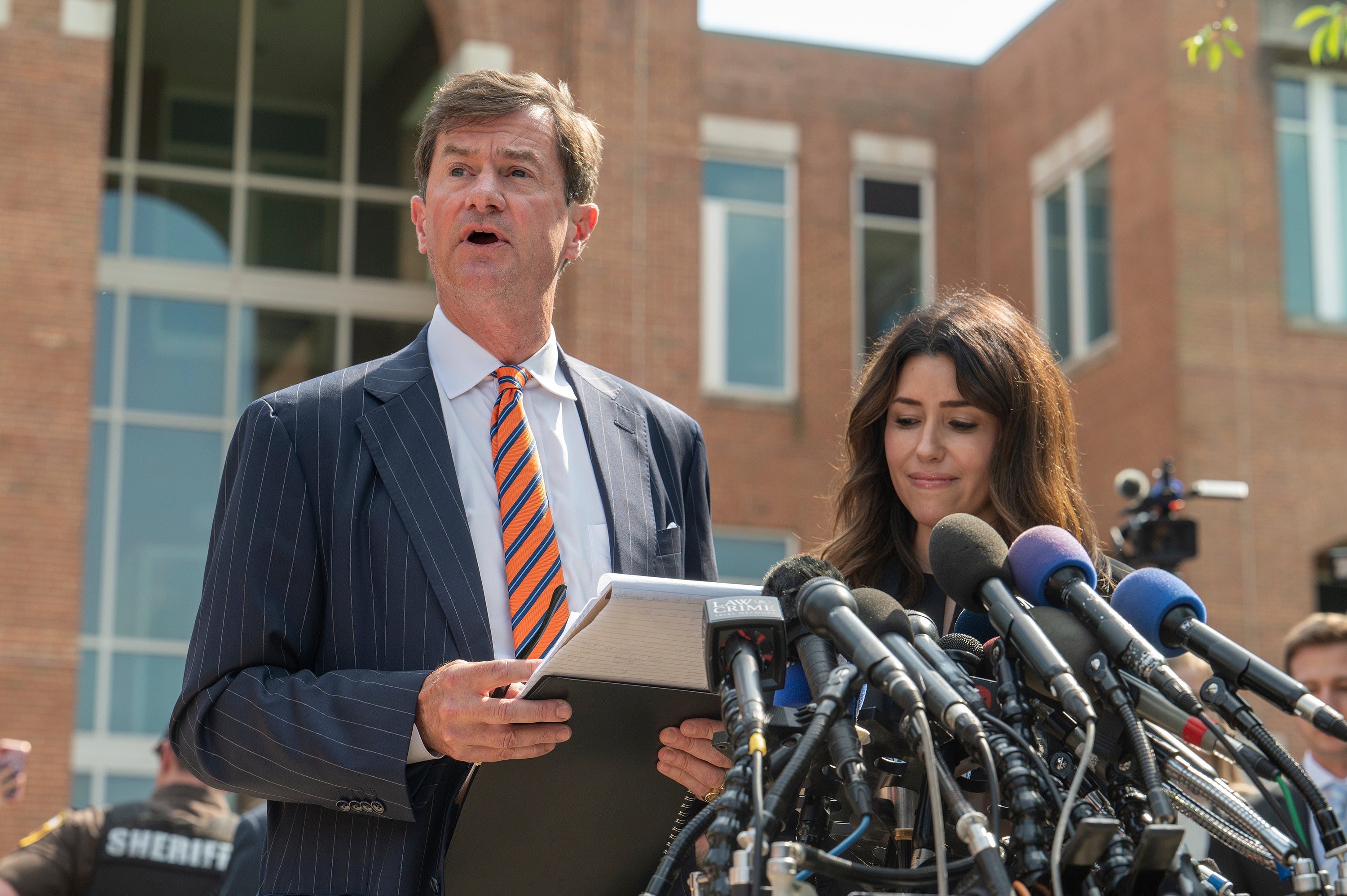 Benjamin Chew and Camille Vasquez speak outside court