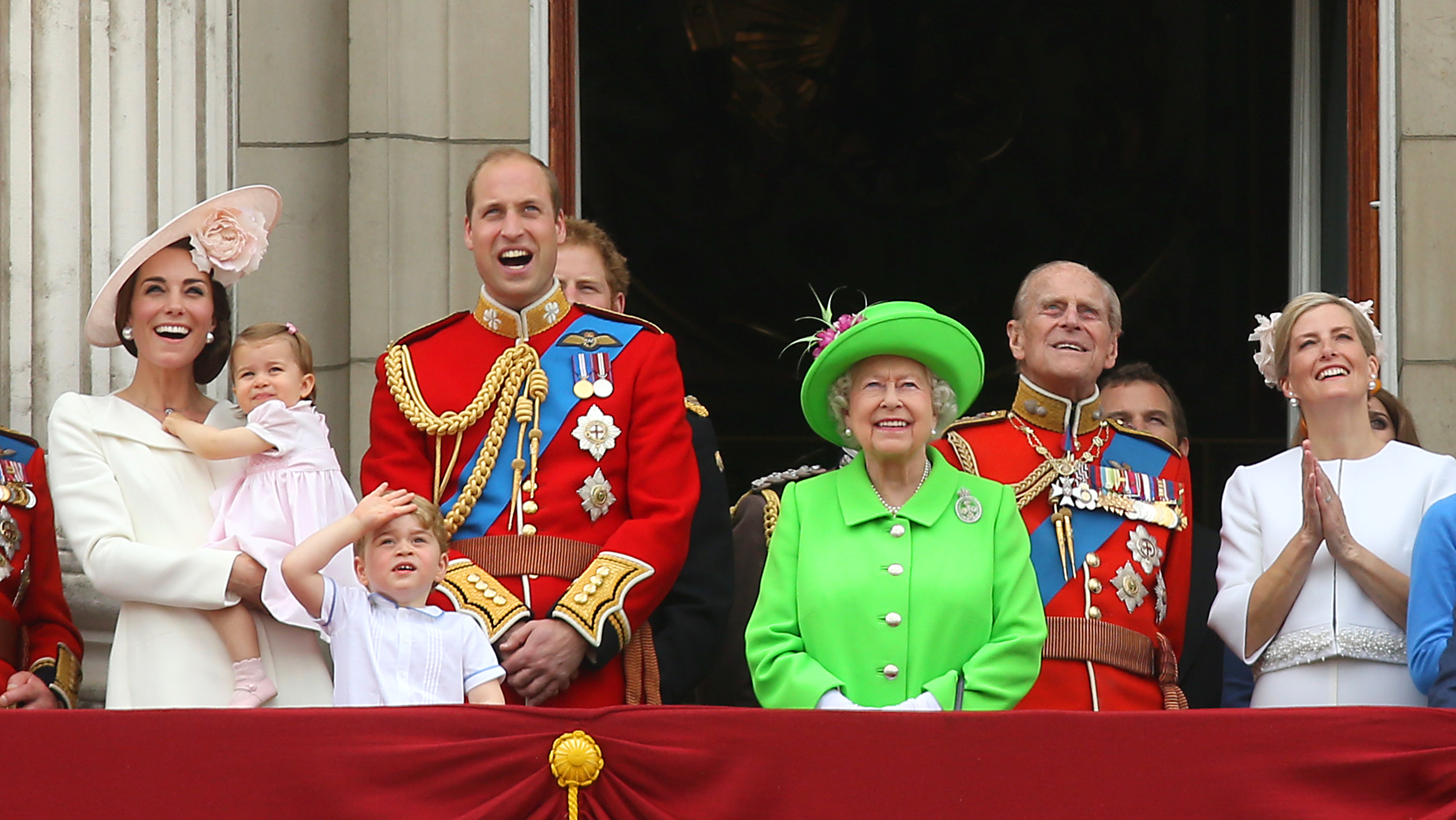 Queen Elizabeth II joining members of the royal family, including the Duke and Duchess of Cambridge with their children Princess Charlotte and Prince George, on the balcony of Buckingham Palace, central London after they attended the Trooping the Colour ceremony in 2016 (Steve Parsons/PA).