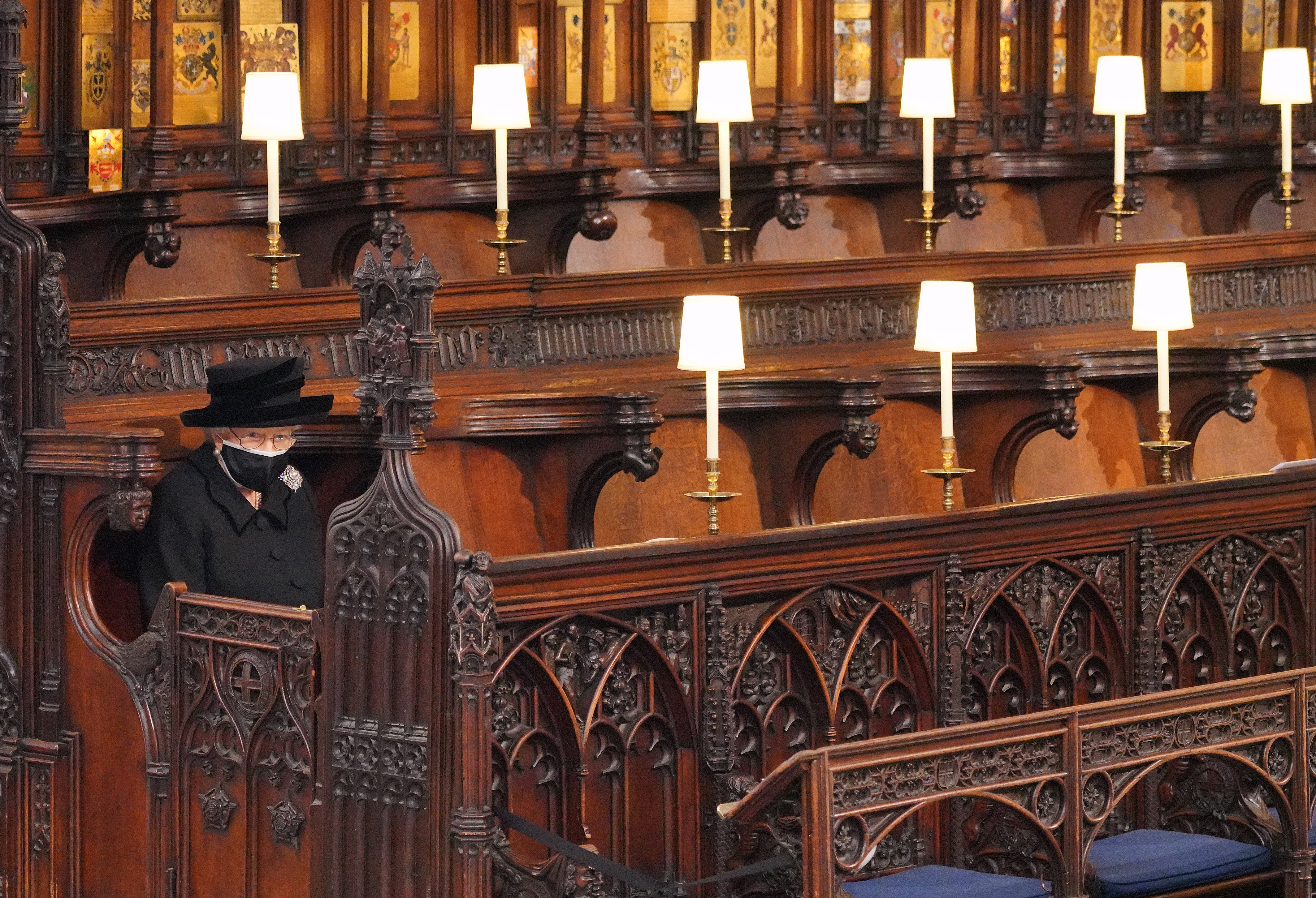 The Queen takes her seat for the funeral of the Duke of Edinburgh in April 2021 (Jonathan Brady/PA)