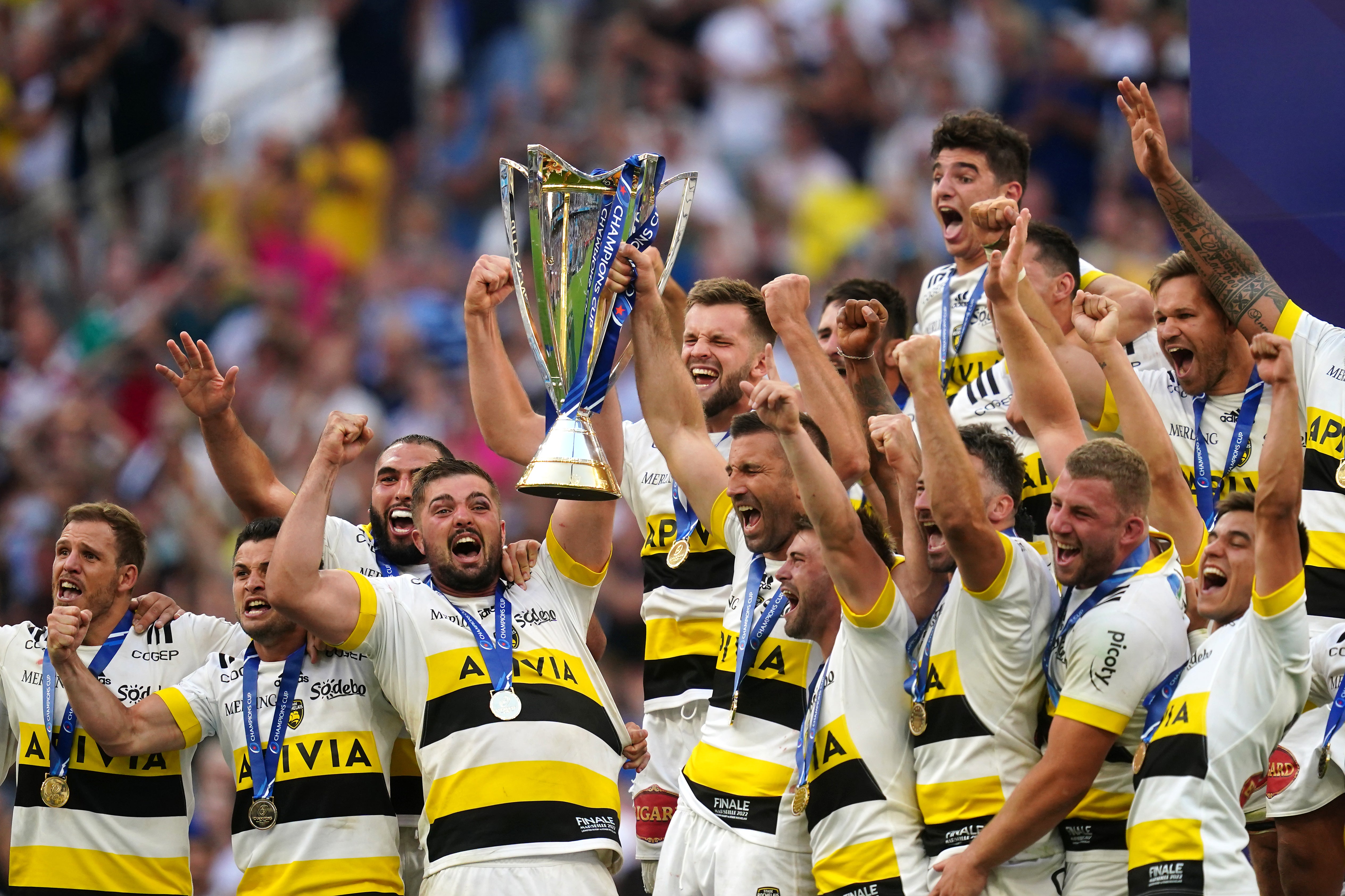 La Rochelle players celebrate winning this season’s Heineken Champions Cup