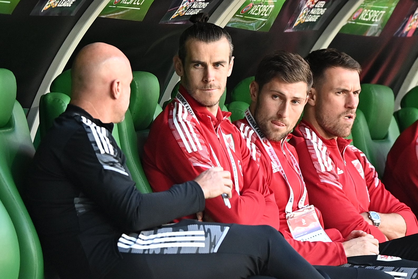 Skipper Gareth Bale, second left, Ben Davies and Aaron Ramsey were rested for Wales’ 2-1 Nations League defeat in Poland on Wednesday (Rafal Oleksiewicz/PA)