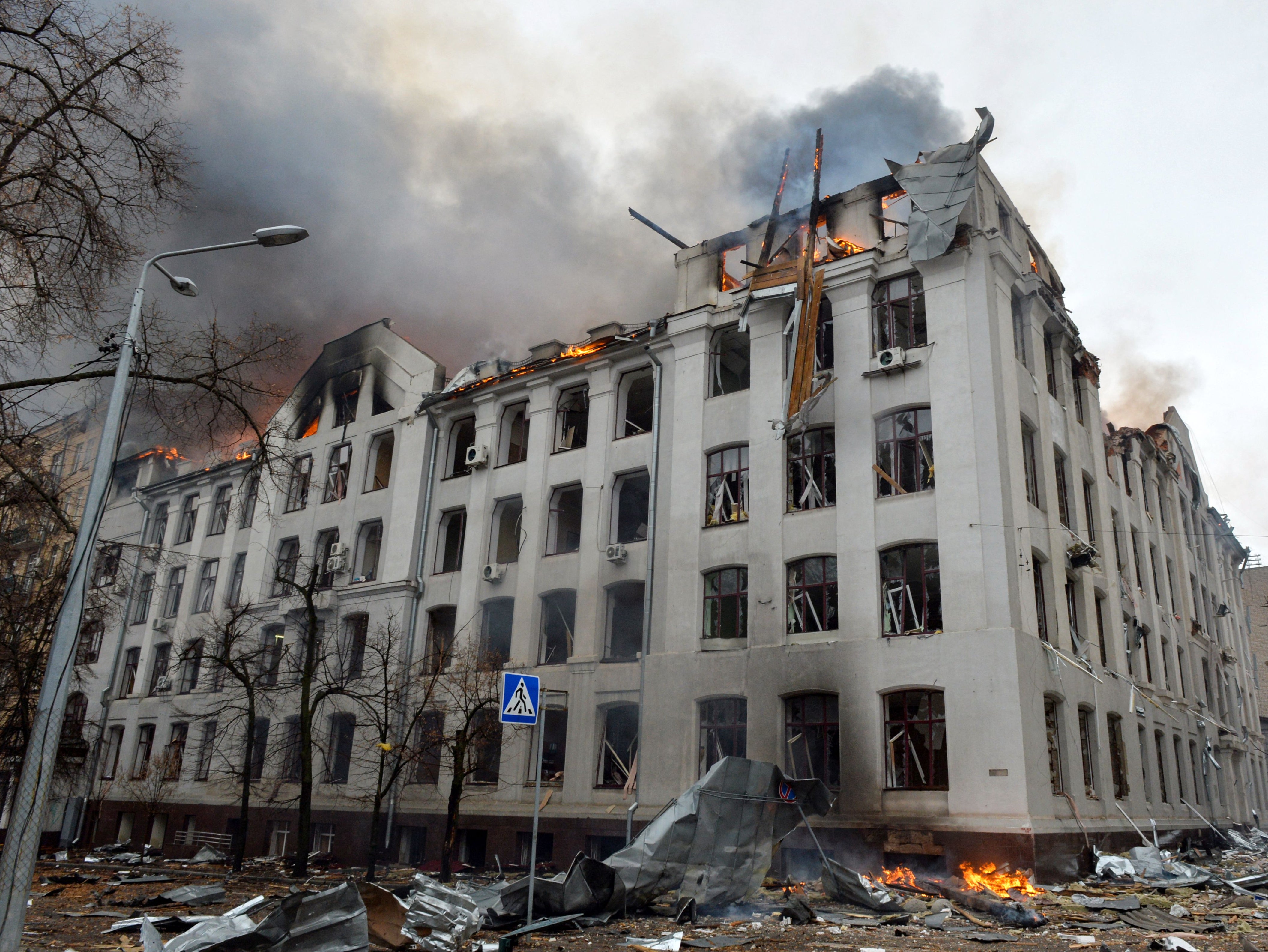 The scene of a fire at the economics department building of Karazin Kharkiv National University