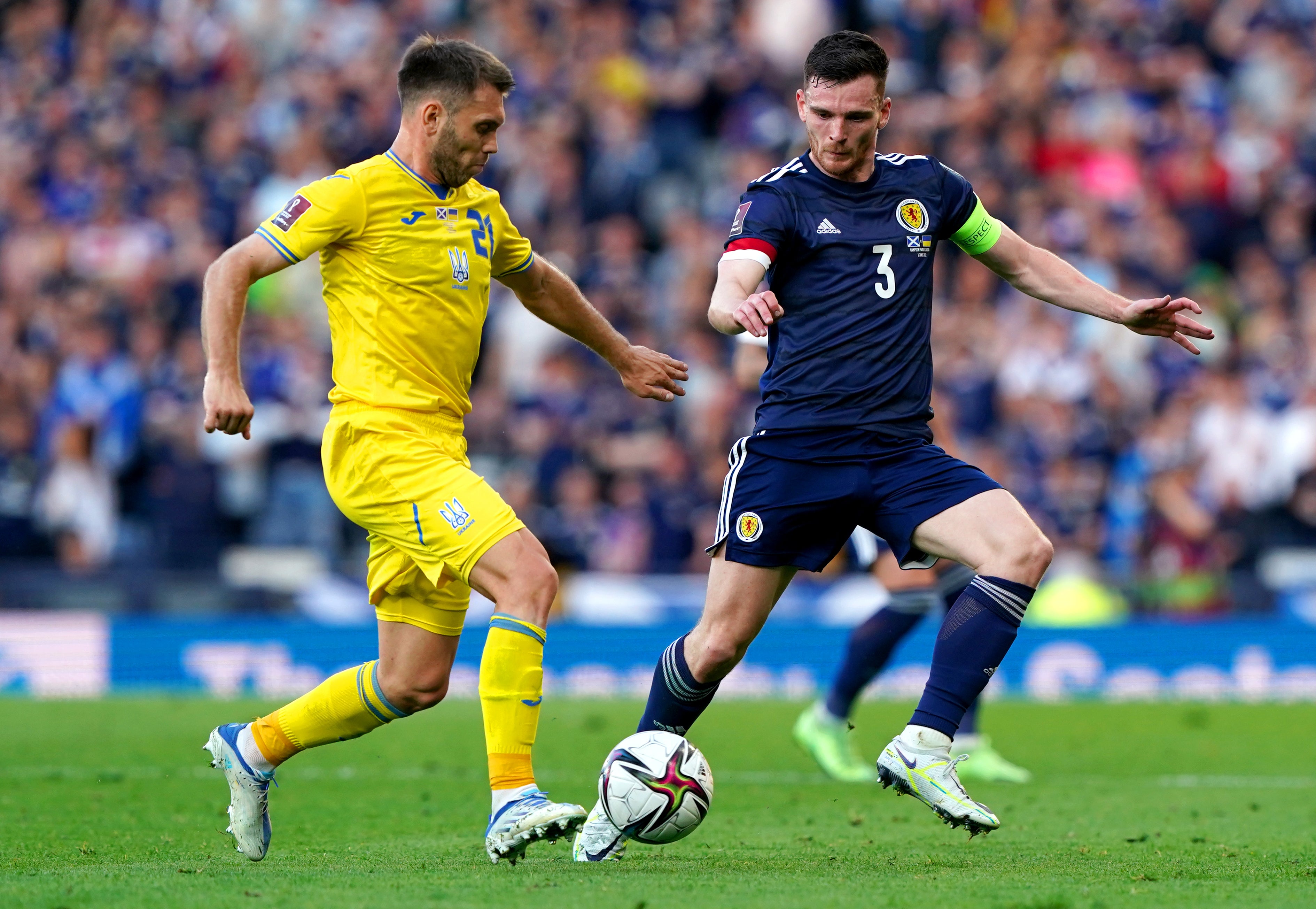 Andy Robertson in action against Ukraine (Andrew Milligan/PA)