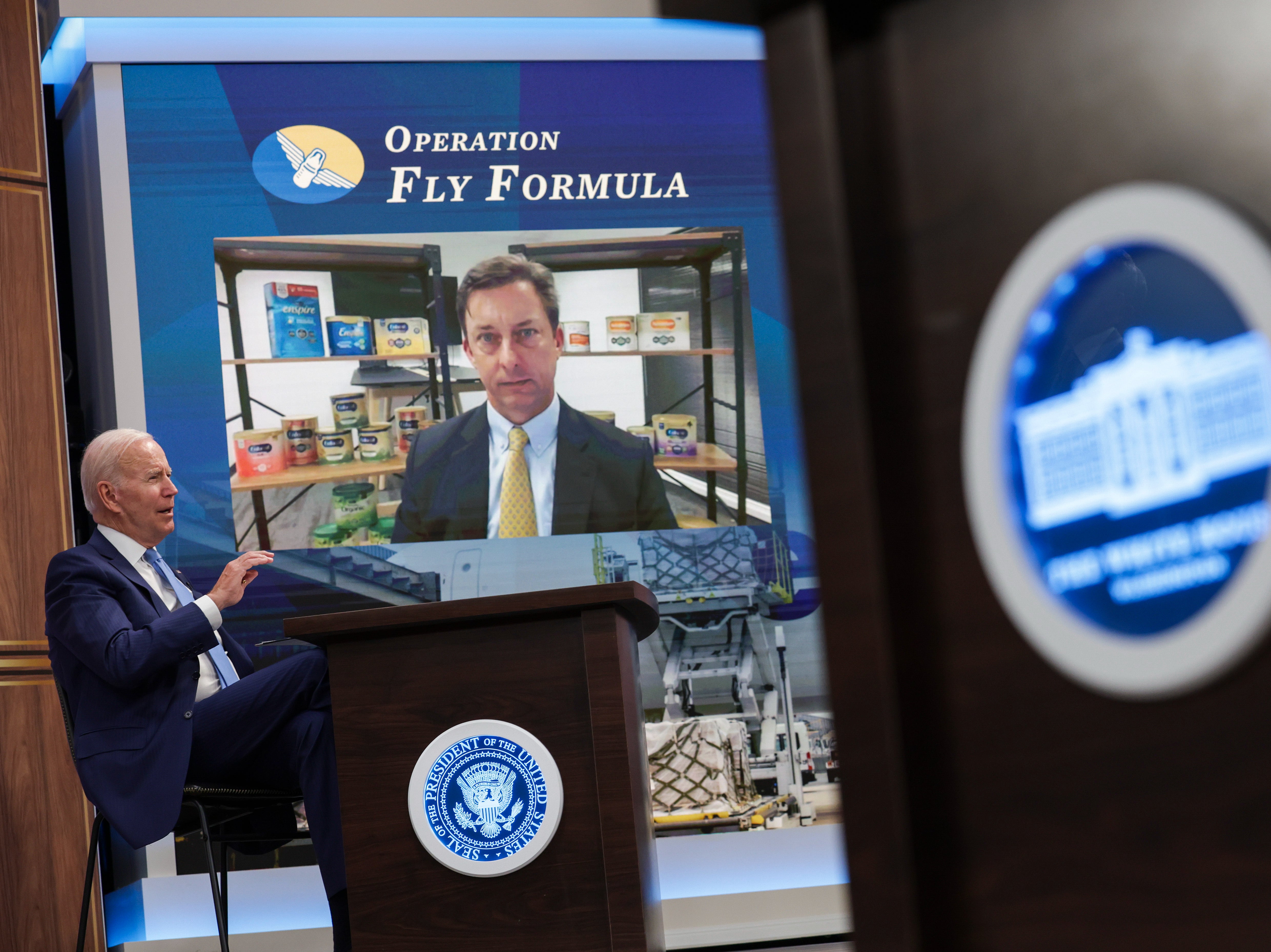 President Joe Biden speaks with Robert Cleveland, Senior Vice President of Reckitt, during a virtual meeting with baby formula manufacturers at the Eisenhower Executive Office Building on June 01, 2022 in Washington, DC