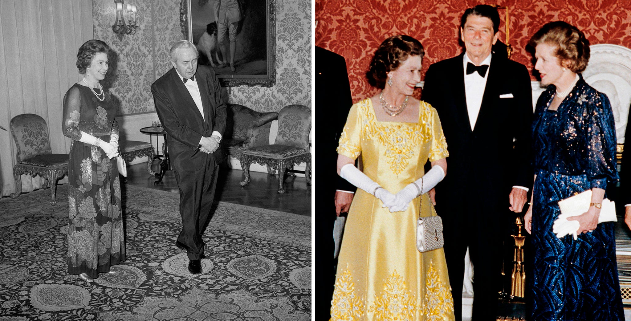 The Queen and Harold Wilson in 1976, and with Margaret Thatcher and US president Ronald Reagan in 1984