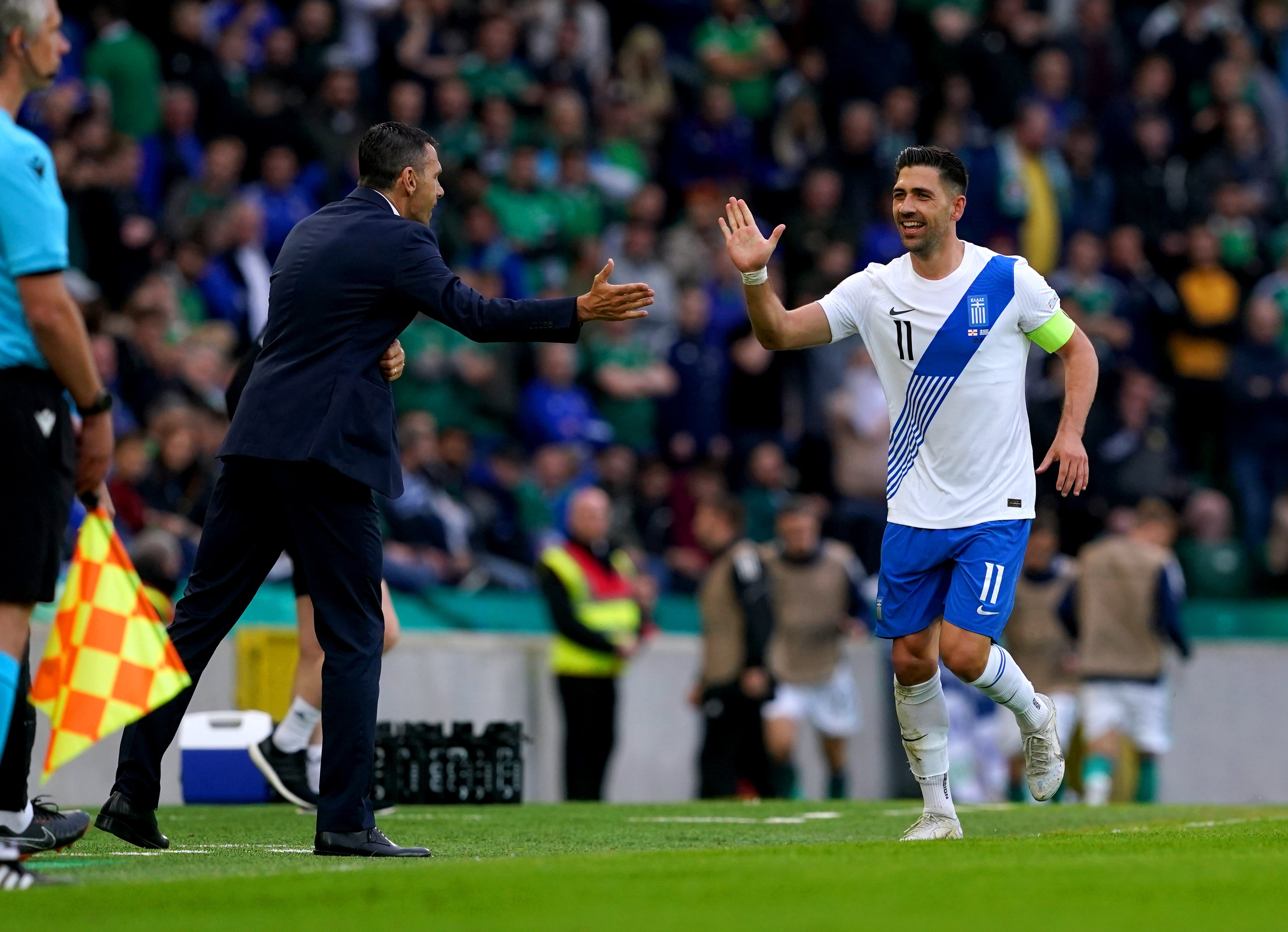 Bakasetas celebrated his winner with manager Gus Poyet (Brian Lawless/PA)