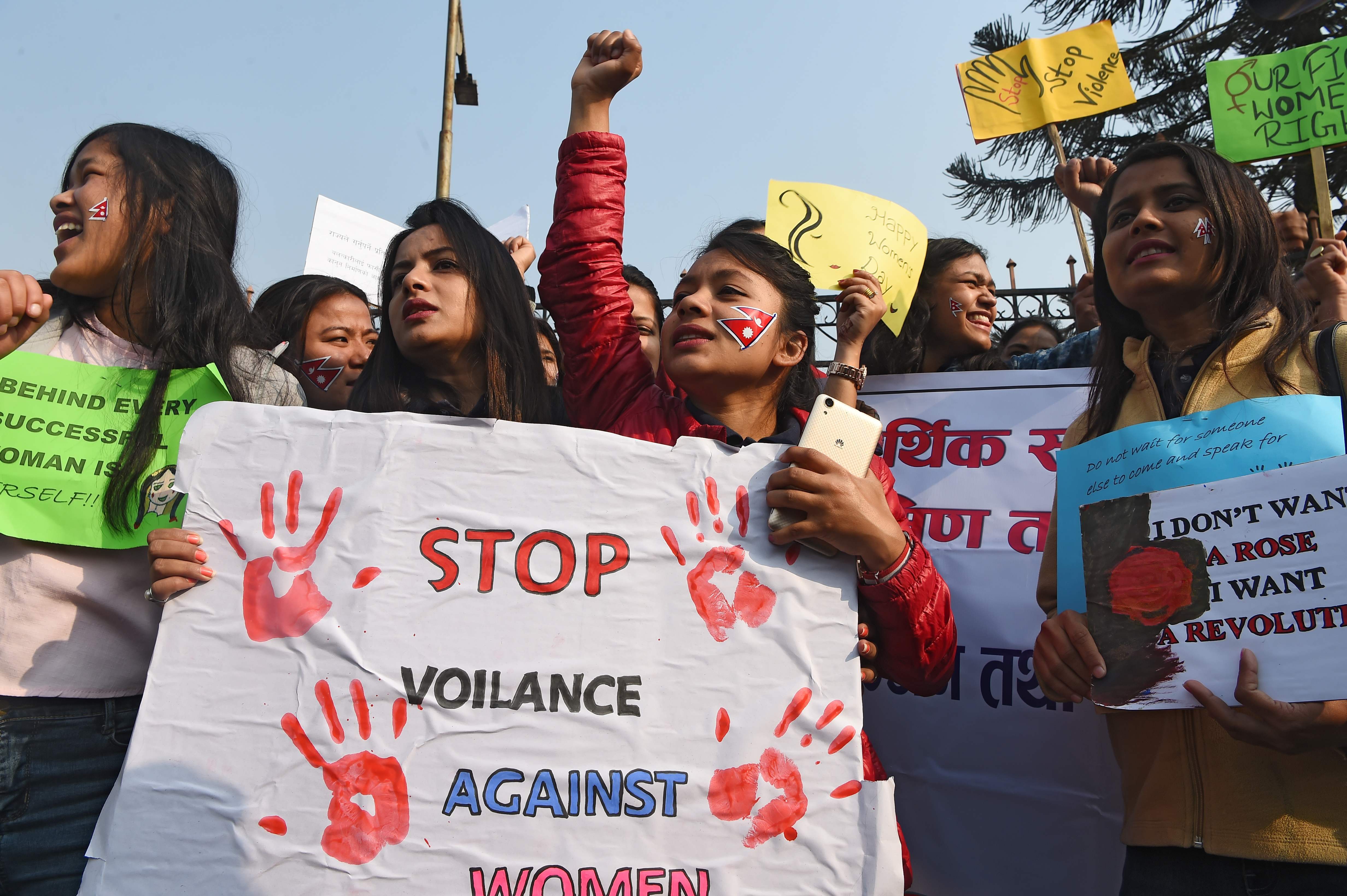 Protesters attend an International Women's Day rally in Kathmandu