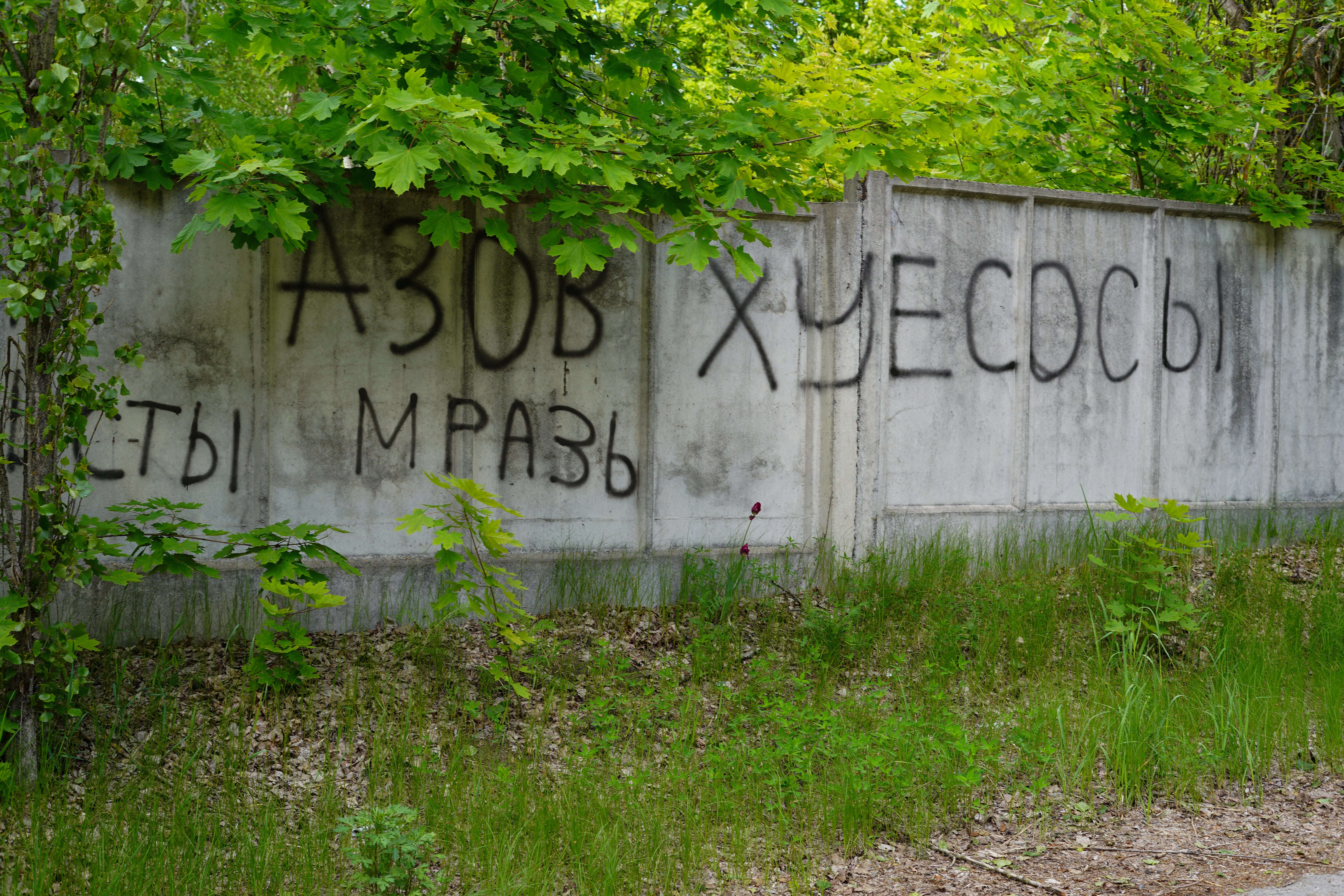 Graffiti, often offensive, has been sprayed on buildings and walls in Chernobyl