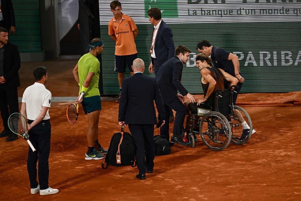 Zverev required a wheelchair in order to leave the court