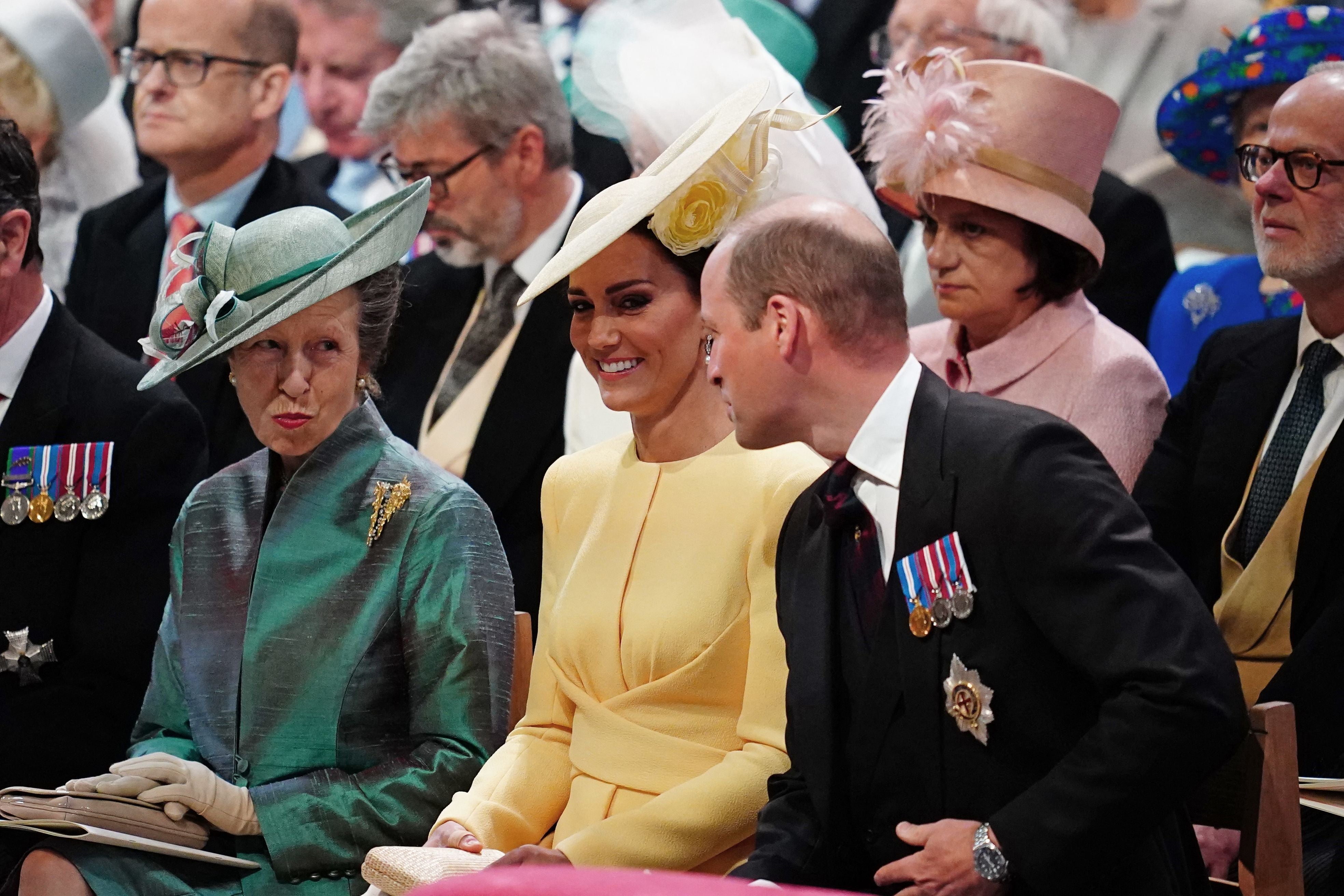 Princess Anne, the Duchess of Cambridge and the Duke of Cambridge share a joke before the service at St Paul’s Cathedral